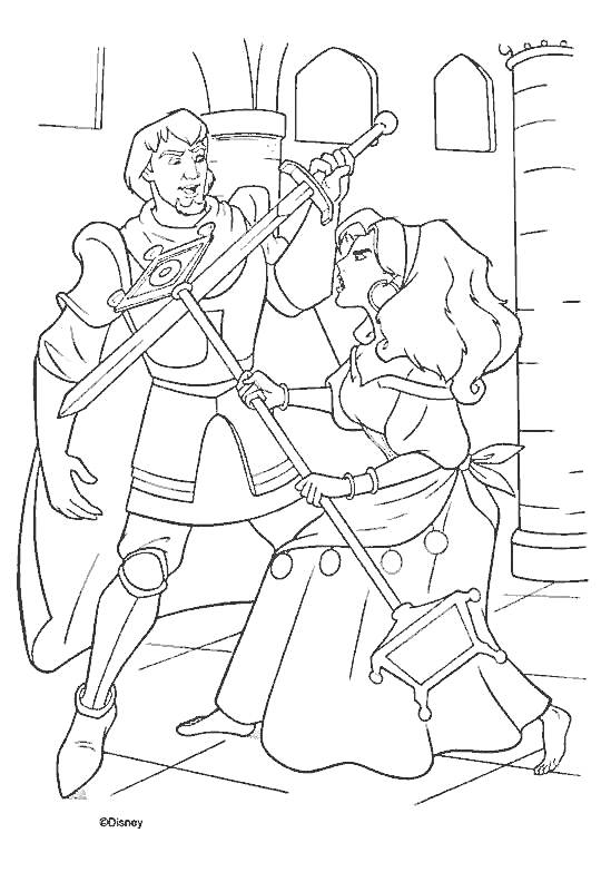Мужчина и женщина сражаются мечами внутри здания с колоннами