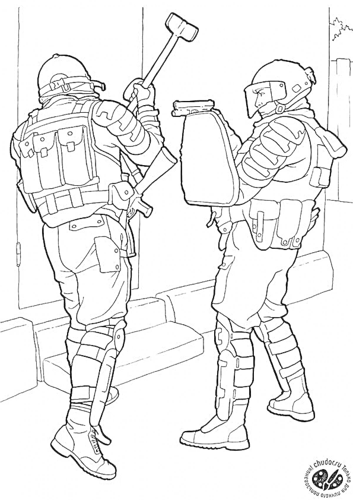 Раскраска ОМОН бойцы с полевым оборудованием перед взломом двери