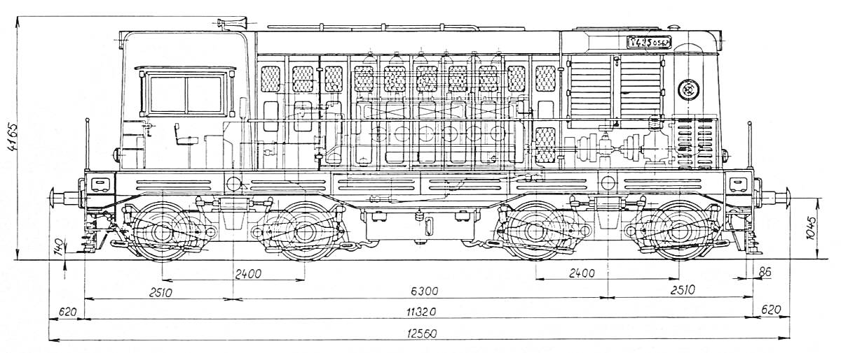 Раскраска Чертеж локомотива ЧМЭ3. Вид сбоку с обозначением длины и высоты, включая кабину машиниста, колесные пары, двигатель и другие механические элементы.