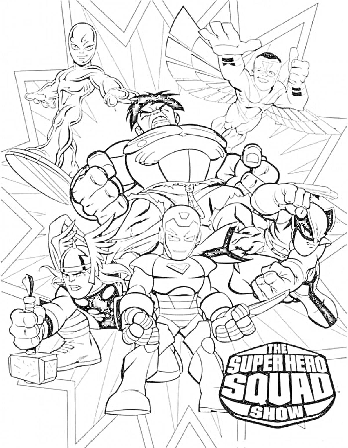 На раскраске изображено: Марвел, Супергерои, Росомаха, Железный человек, Халк, Сокол, Комиксы, Анимация