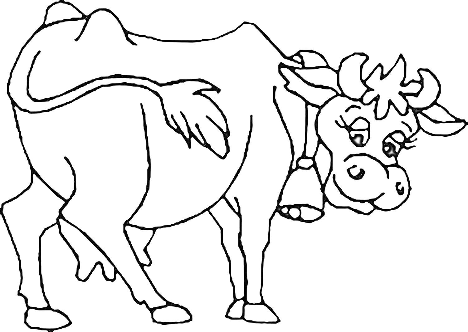 Крошечка-Хаврошечка с коровой, стоящей и смотрящей на зрителя