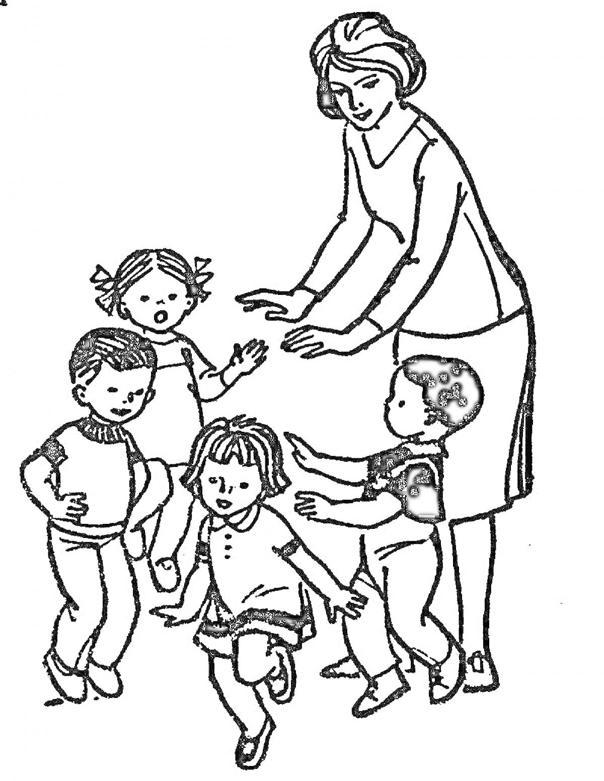 На раскраске изображено: Воспитатель, Игра, Прогулка, Воспитание, Дошкольное образование