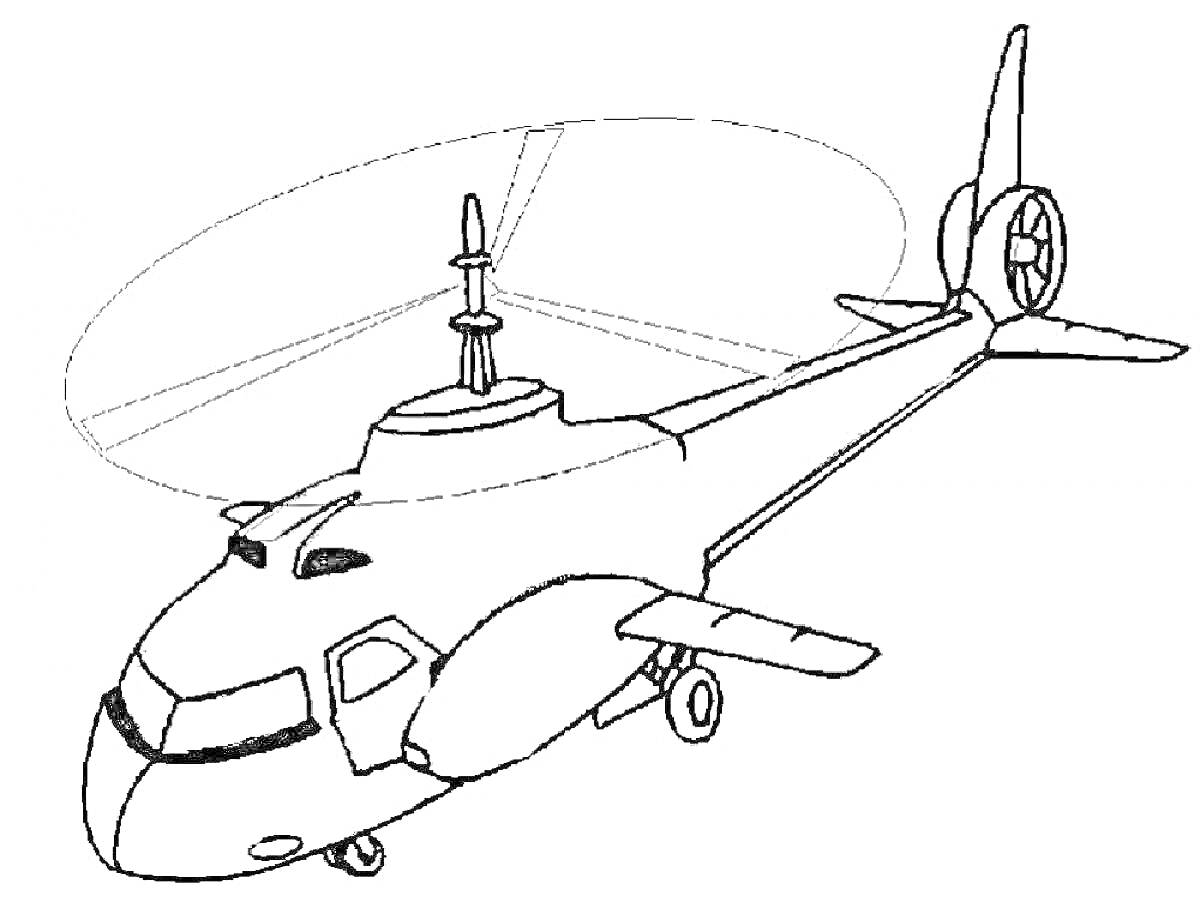 На раскраске изображено: Вертолет, Летательный аппарат, Авиация, Хвостовой винт, Иллюминаторы, Дверь