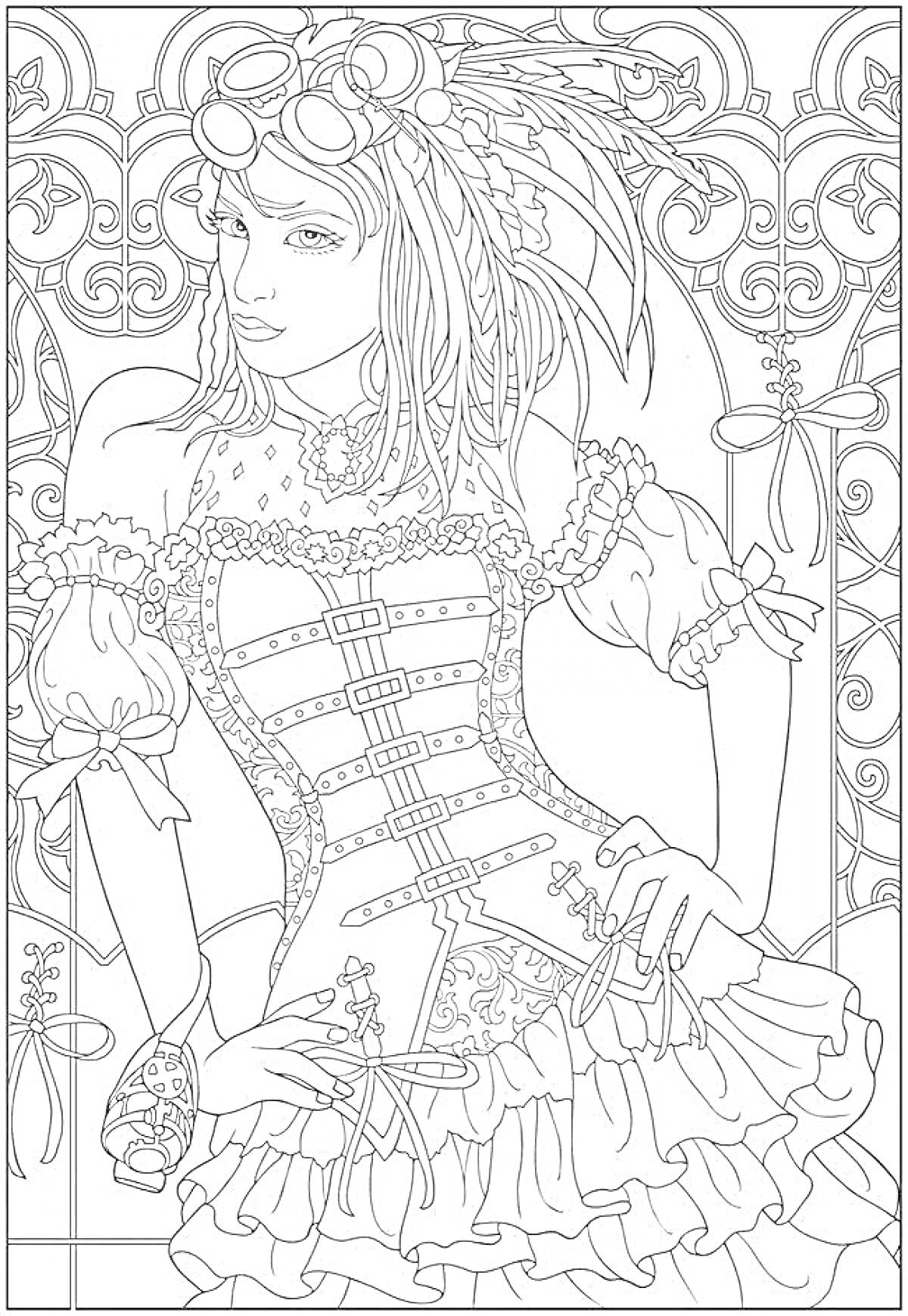 Раскраска Девушка в корсете с перьями в волосах на фоне узорчатой арки