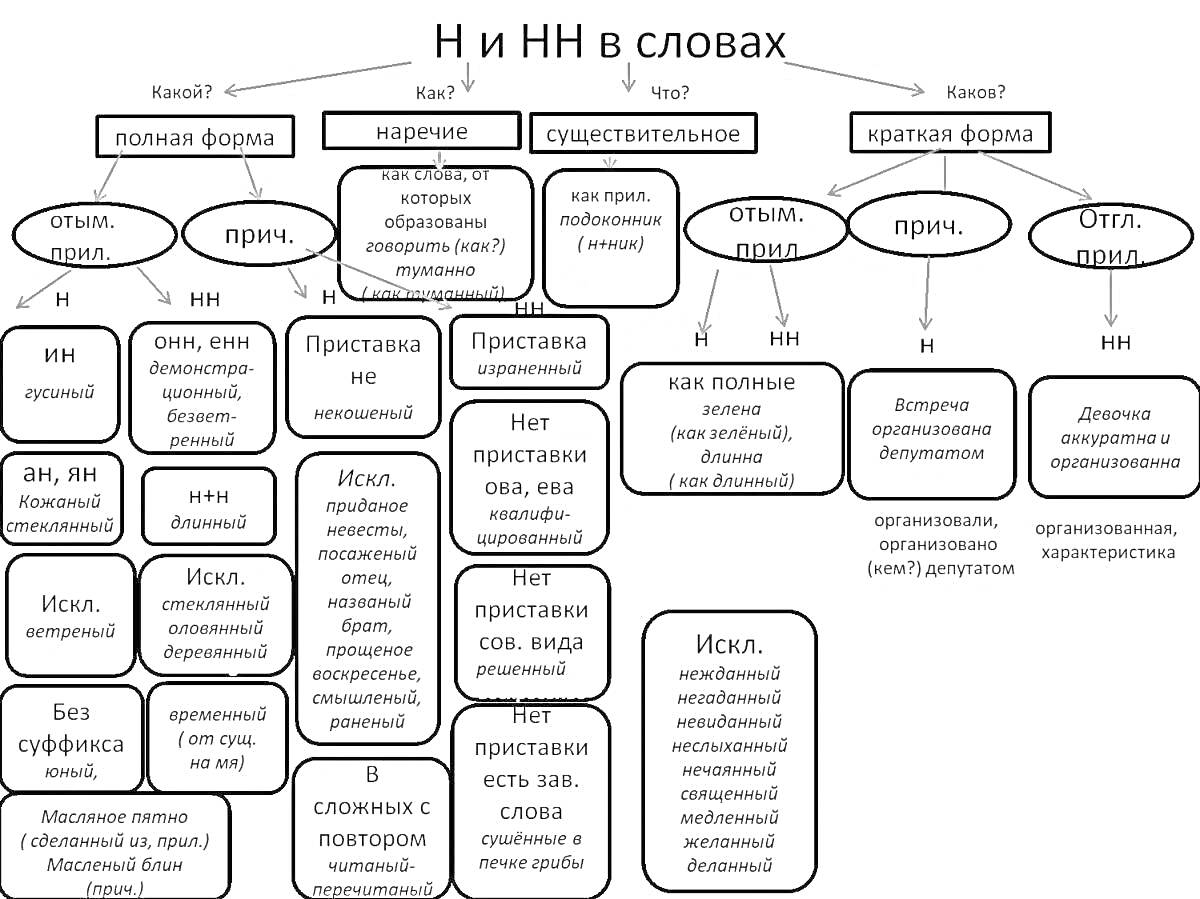 Раскраска Н и НН в словах разных частей речи