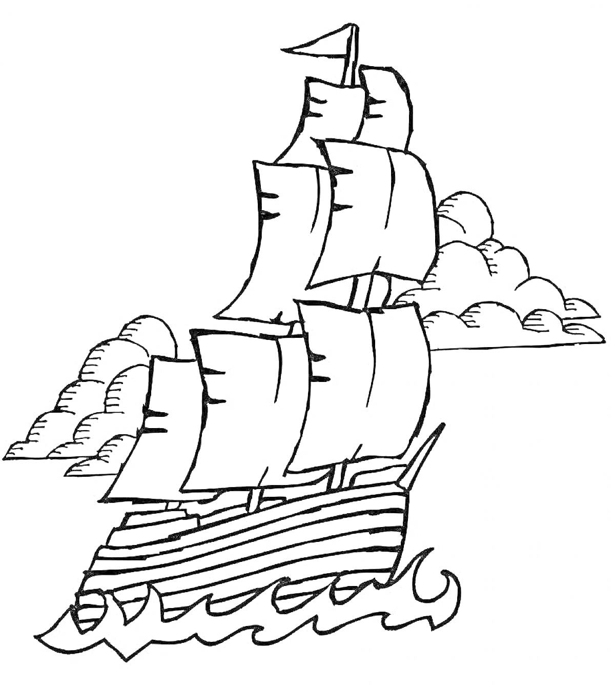 На раскраске изображено: Корабль, Море, Волны, Облака, Флот, Морское приключение