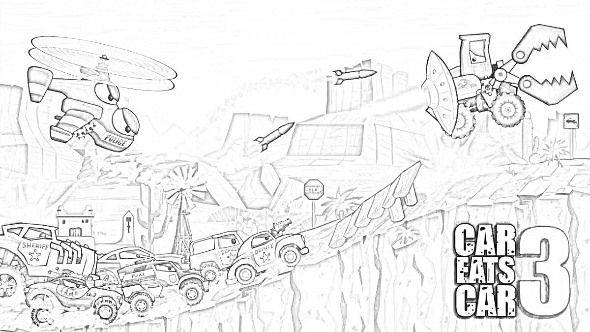 Раскраска Машины на холме, коптер с зубами, грузовик с пилой, надпись 