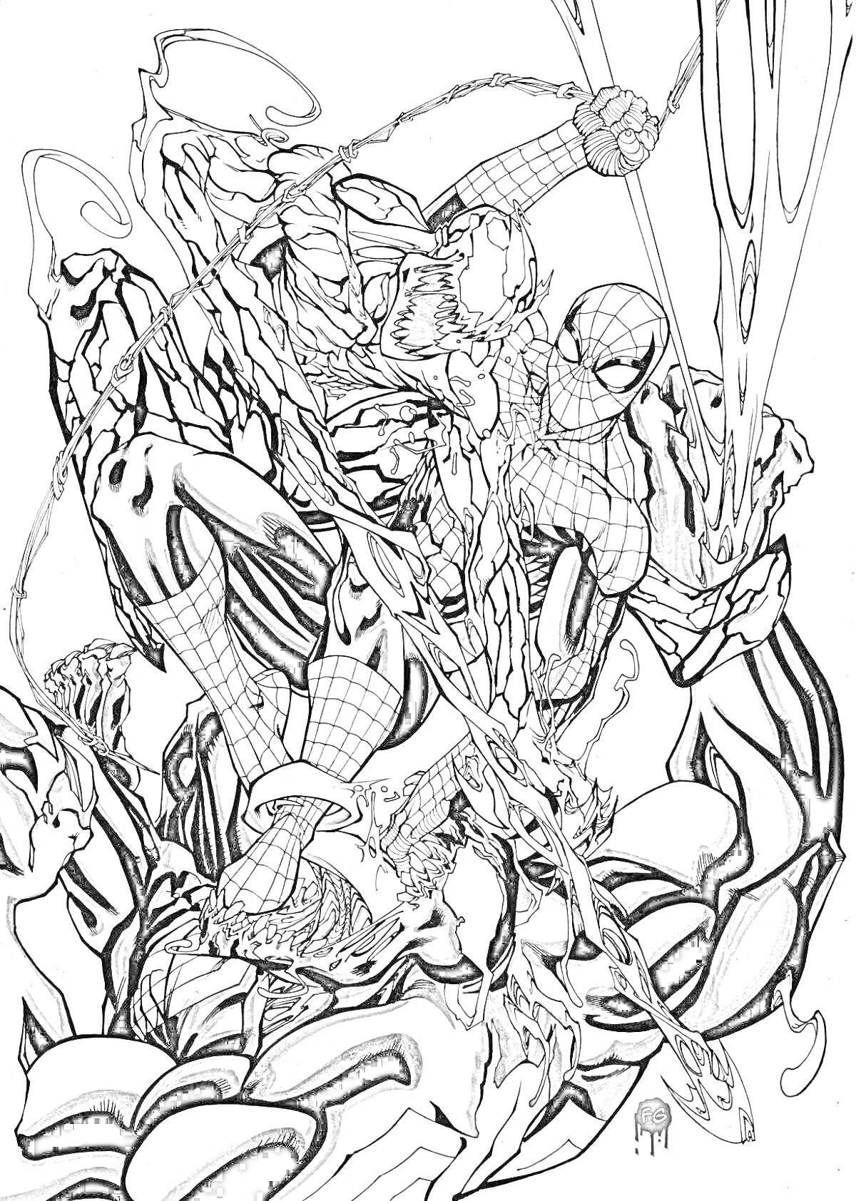 На раскраске изображено: Веном, Человек-паук, Битва, Комиксы, Супергерои, Паутина, Противостояние