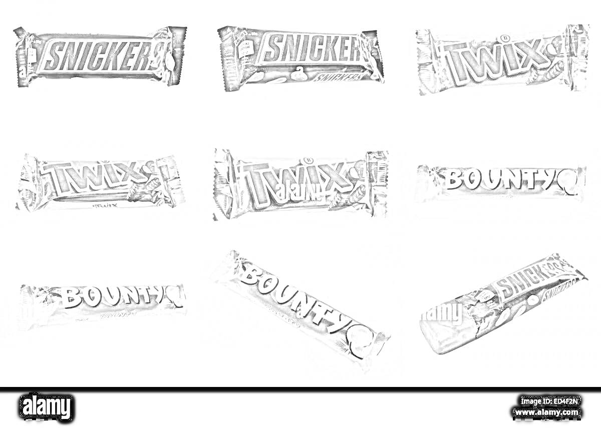 Раскраска Упаковки батончиков Snickers, Twix и Bounty