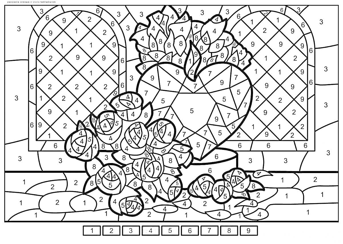 Раскраска Окно с геройскими стеклами, сердце и букет цветов на подоконнике