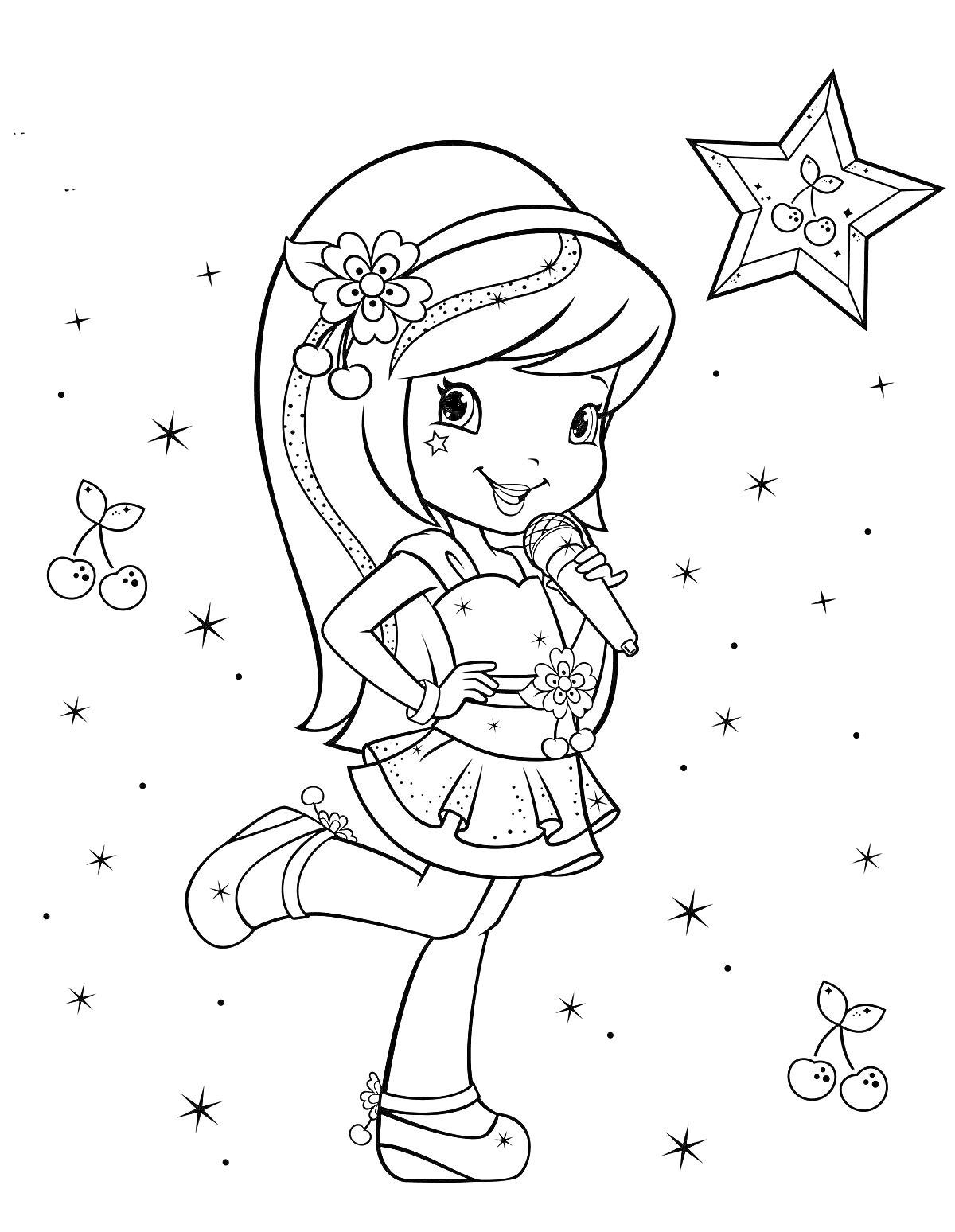 На раскраске изображено: Девочка, Микрофон, Звезды, Ботинки, Платье