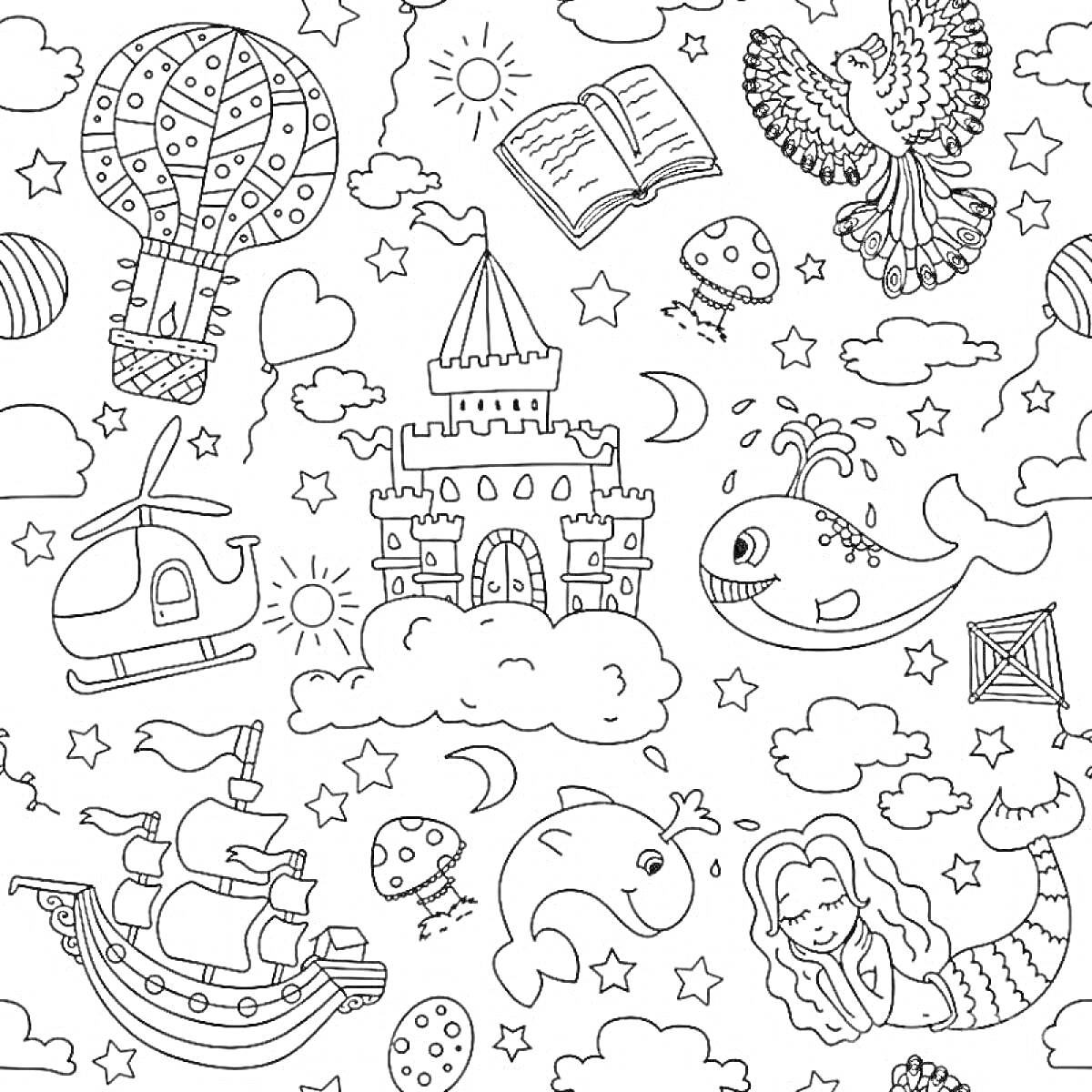 На раскраске изображено: Вертолет, Замок, Книга, Птица, Пиратский корабль, Рыба, Русалка, Звезды, Облака, Луна, Яйца, Море, Фэнтези, Приключения, Для детей, Воздушные шары, Киты