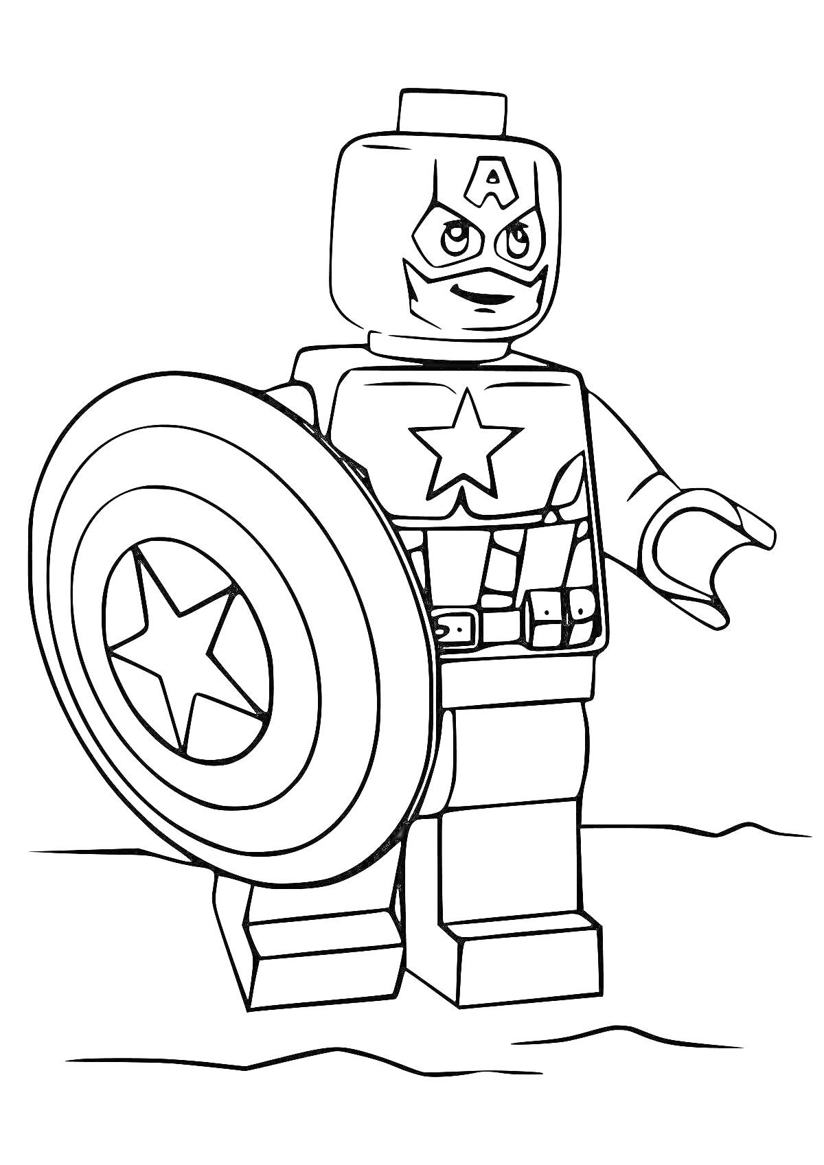 На раскраске изображено: Капитан америка, Щит, Костюм, Лего, Для детей, Звезды, Игрушки, Супергерои
