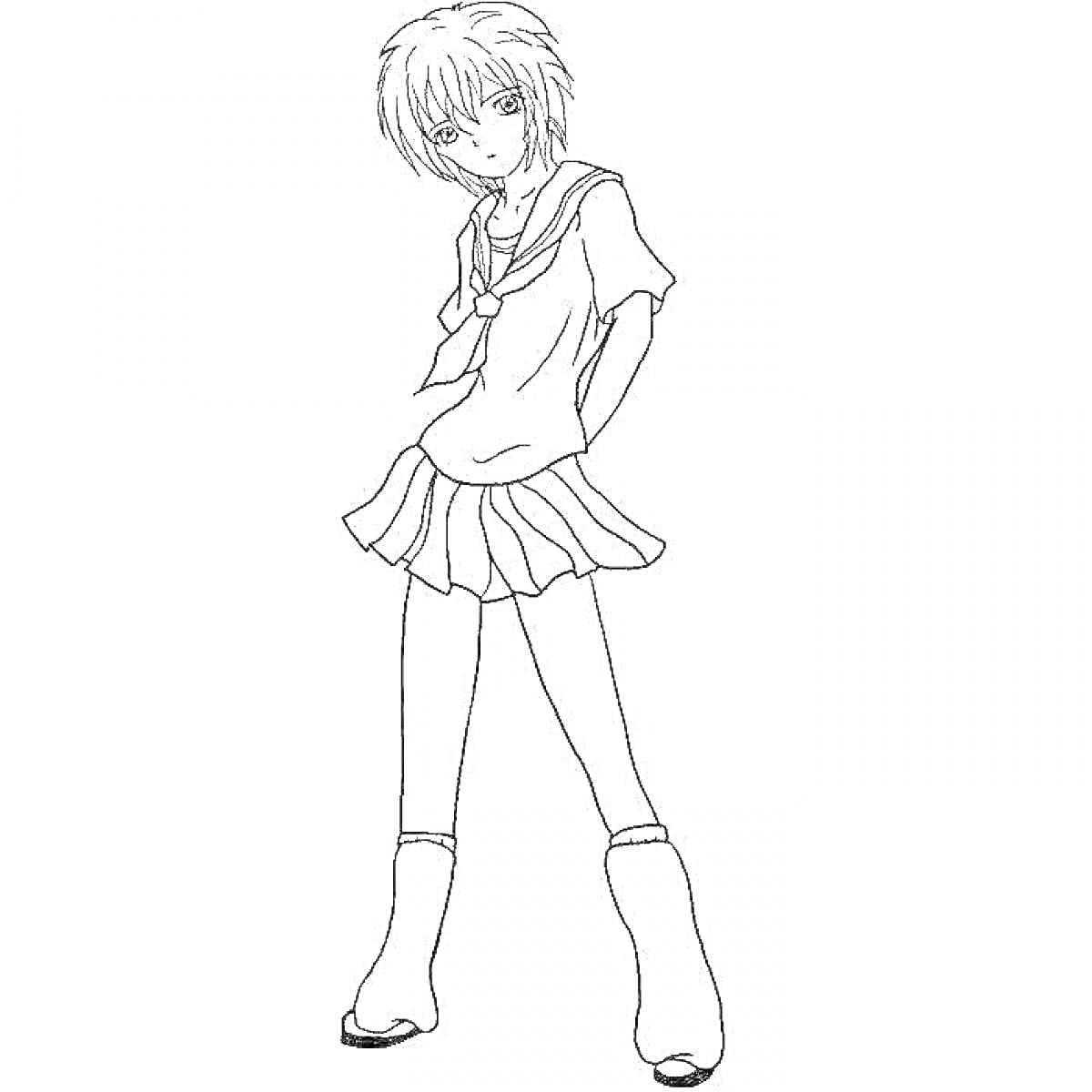 Раскраска Аниме персонаж в школьной форме с короткими волосами, стоящий в полный рост