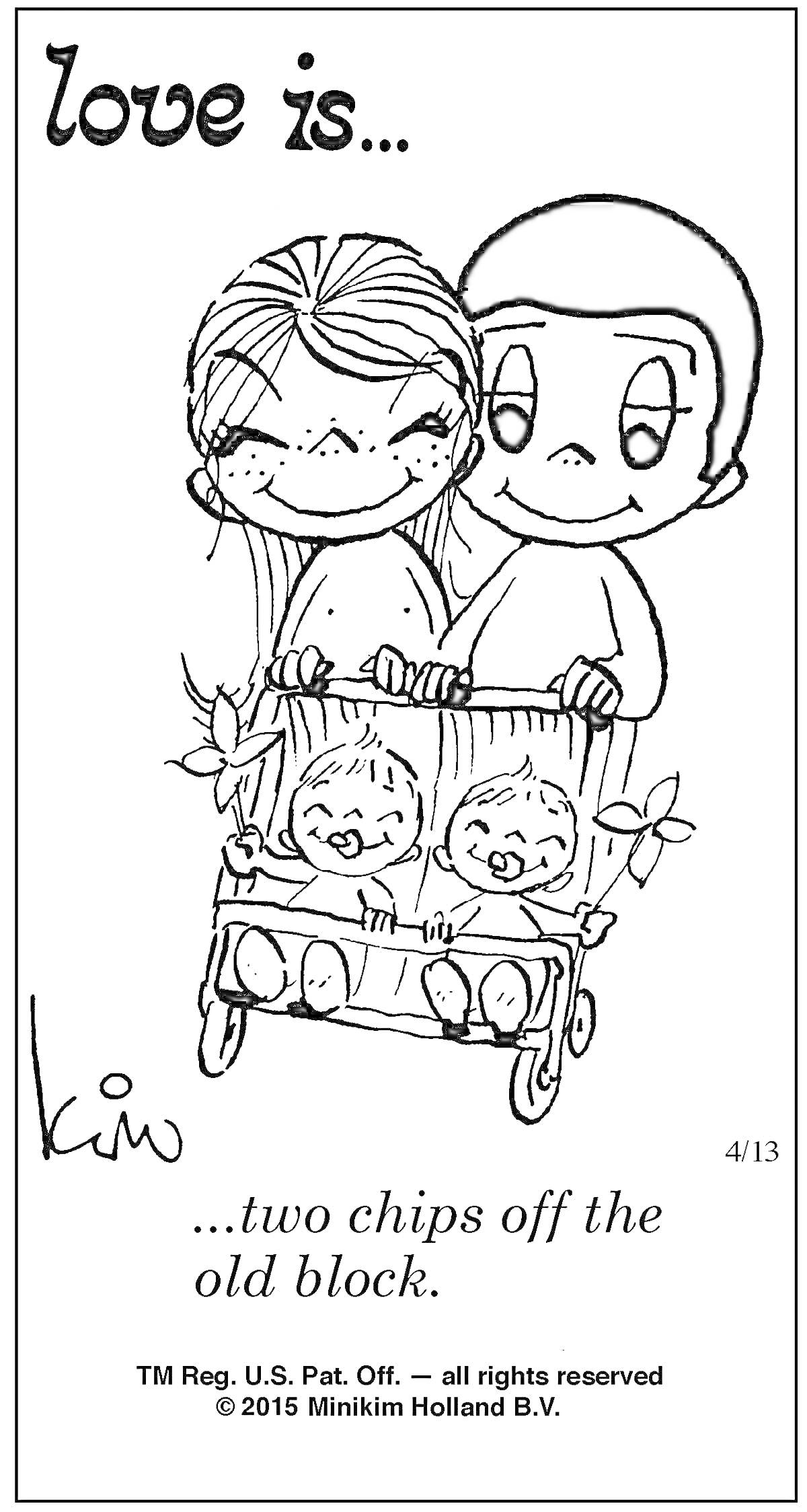 Раскраска Love is... двое детей в коляске с родителями