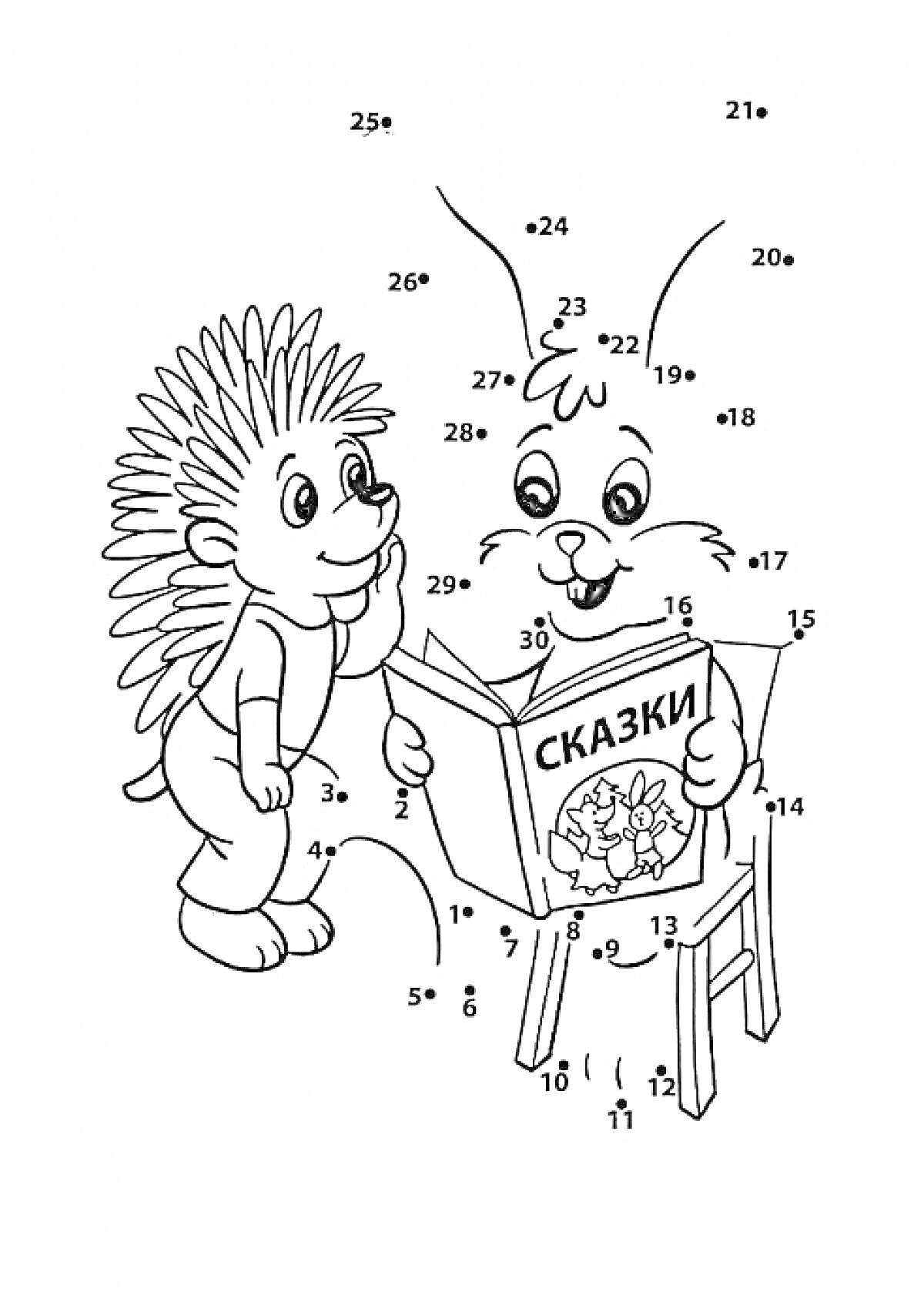 Раскраска Ёжик и зайчик читают книгу сказок на стуле