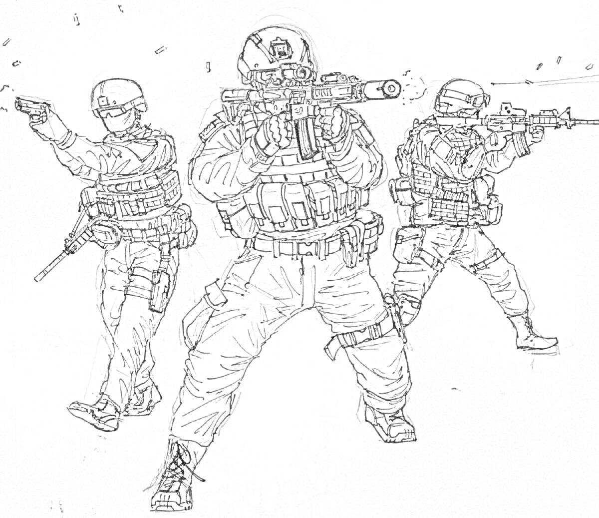 Раскраска Три бойца спецназа в полном боевом снаряжении, с касками и бронежилетами, стреляющие из автоматов и пистолета