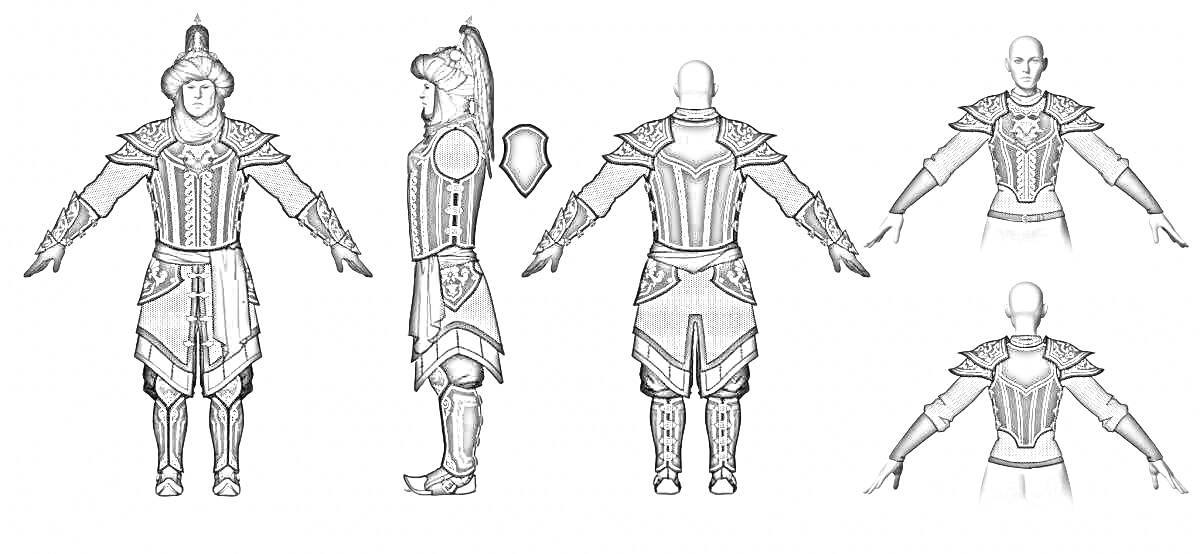 Раскраска Человеческий персонаж в доспехах, с повязкой на голове, вид спереди, сбоку и сзади
