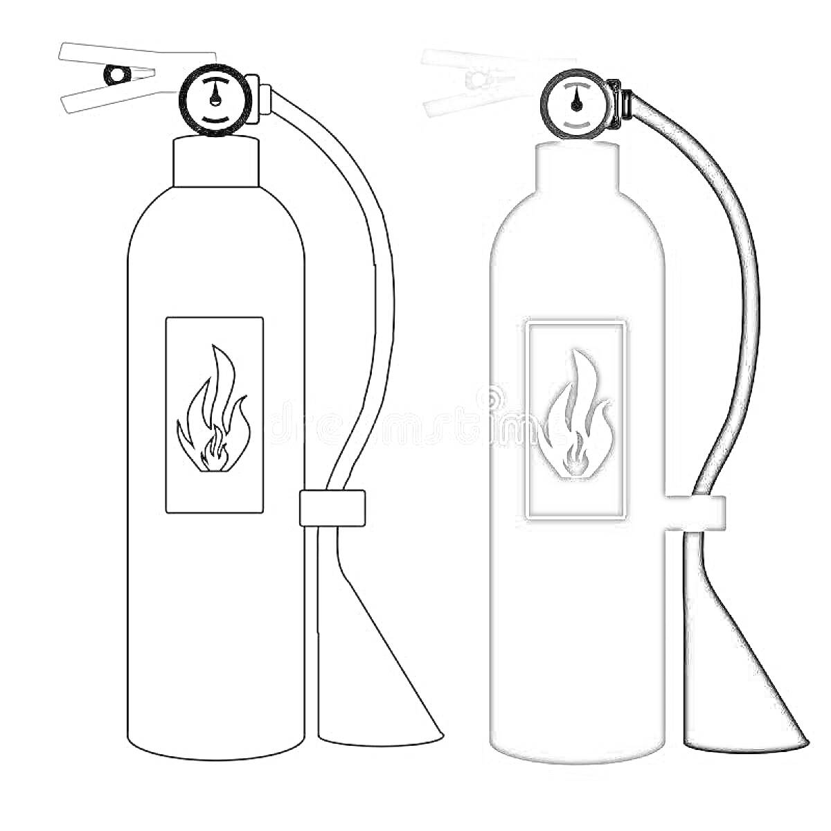Раскраска Два огнетушителя с огненным символом: один раскрашенный, другой контурный