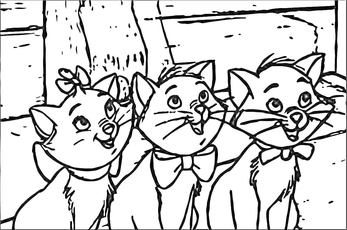 На раскраске изображено: Бантики, Три котенка, Кошки, Деревянный забор, Милые животные, Для детей, Котёнок