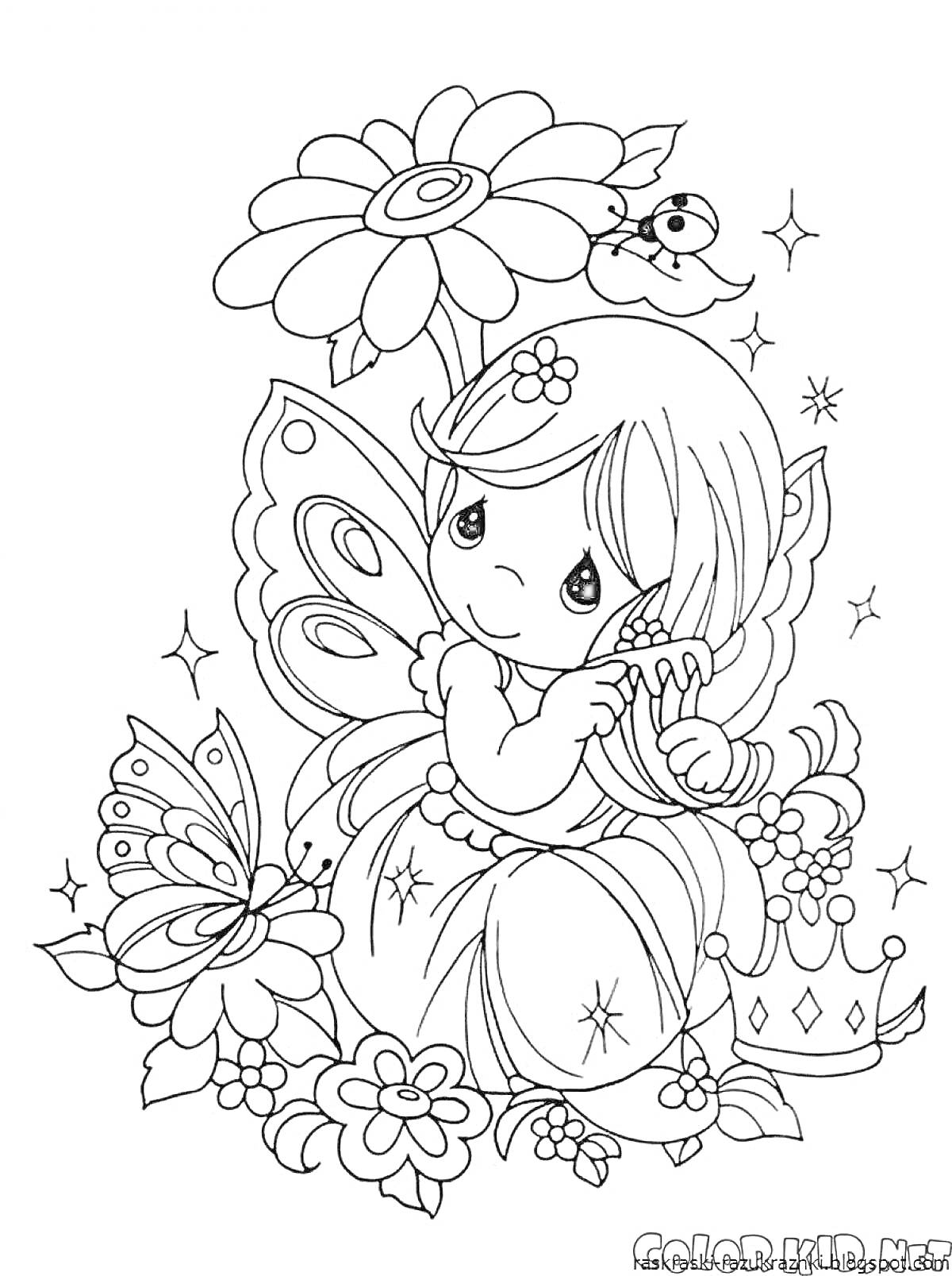 Раскраска Фея с цветком, бабочкой, короной и птицей на ветке