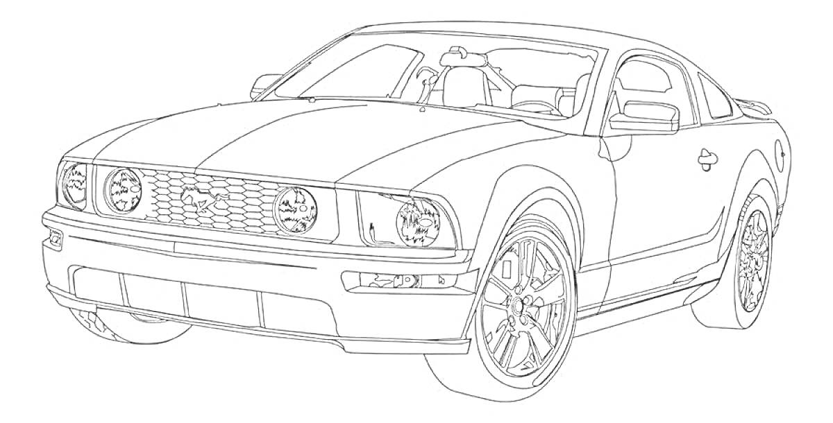Раскраска Ford Mustang в переднем ракурсе с детализированной передней решёткой и колесами