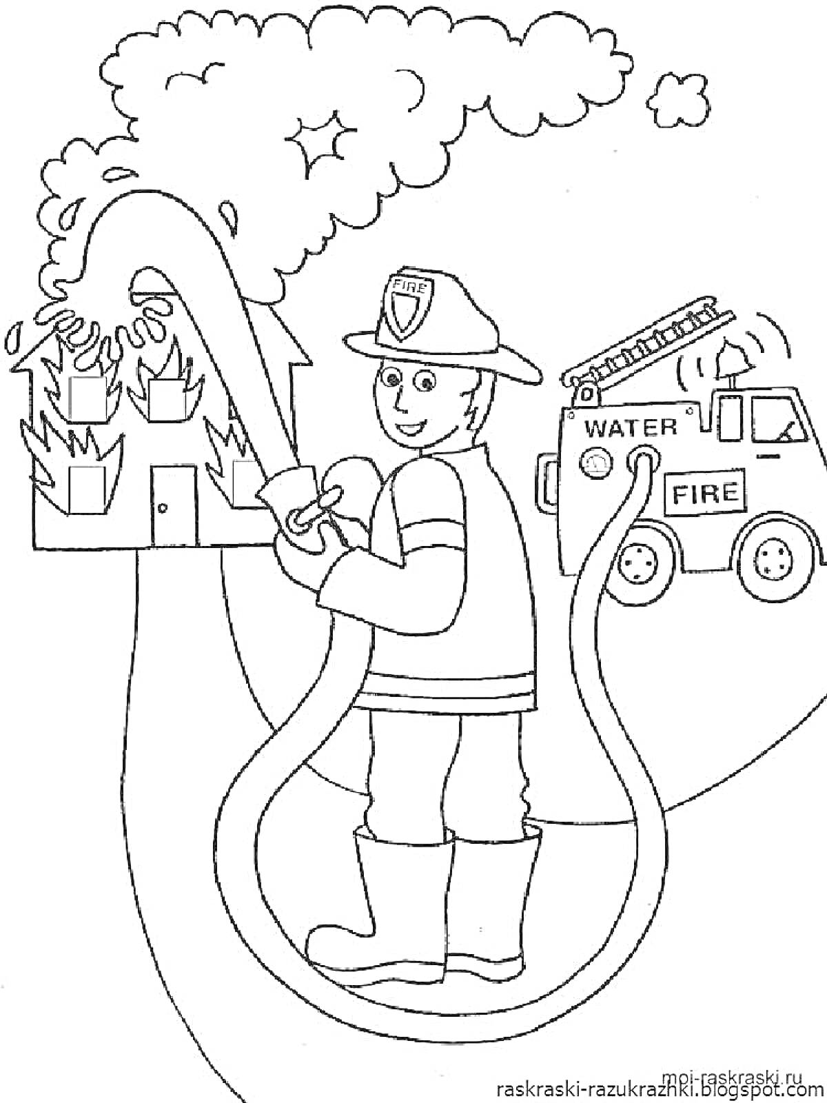 На раскраске изображено: Пожар, Дом, Пожарная машина, Тушение пожара, Шланг, Огонь, Безопасность, Для детей, Пожарные, Спасатели