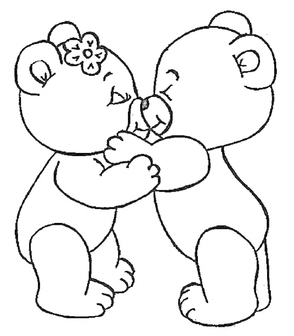 Раскраска Два медвежонка обнимаются, один медвежонок с цветком на голове