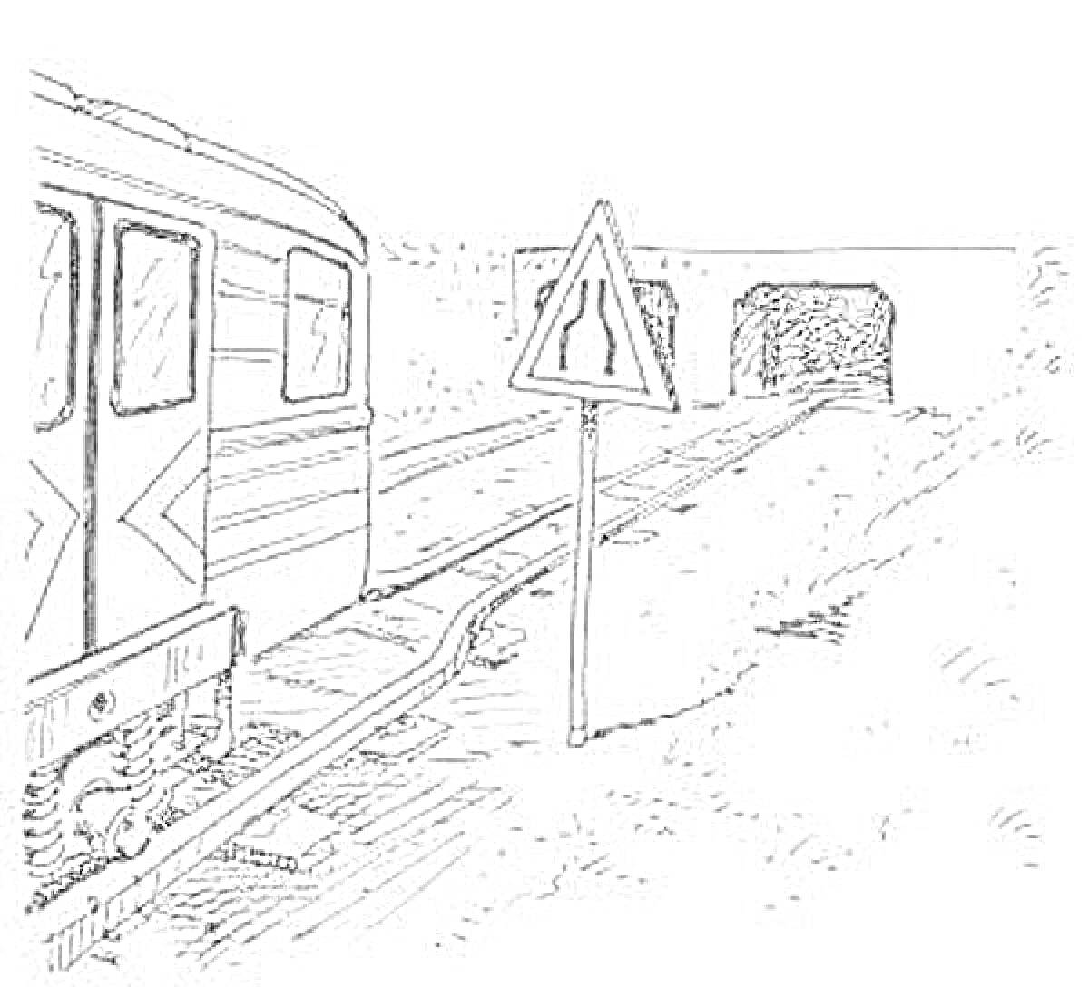 На раскраске изображено: Поезд, Железнодорожный переезд, Туннель, Знак, Рельсы