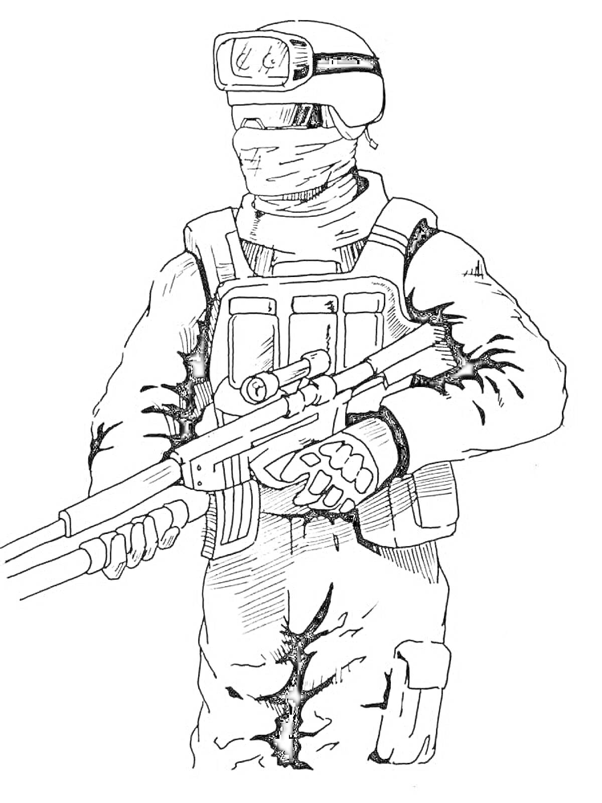 Раскраска Солдат с винтовкой и прицелом, одет в шлем и бронежилет, куртка с перчатками