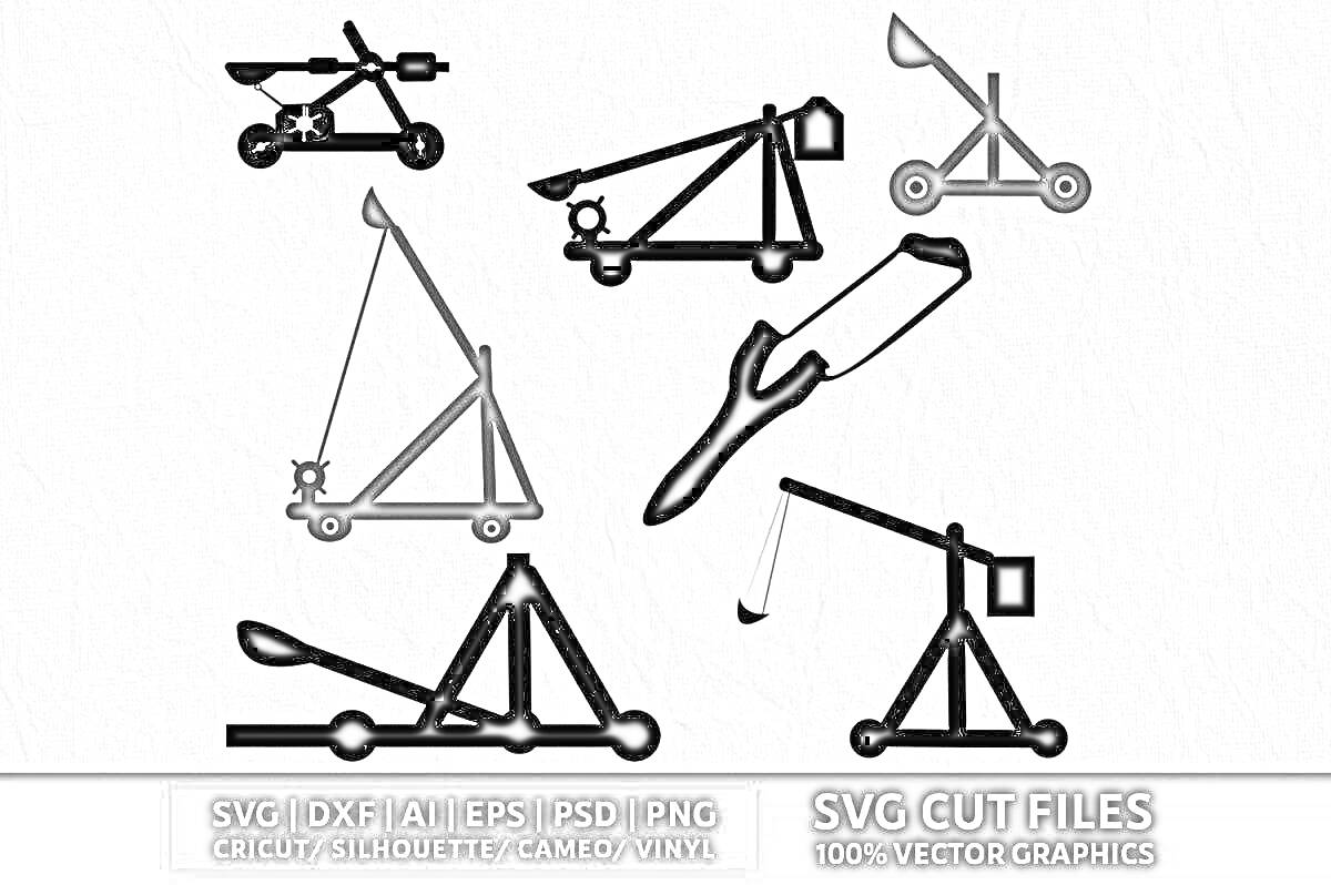 На раскраске изображено: Катапульта, Механизмы, Стрелковое оружие, Векторная графика, SVG, DXF, PNG, Винил