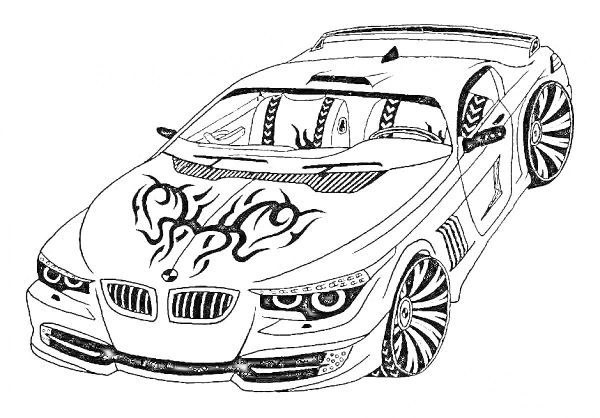 На раскраске изображено: BMW, Спортивный автомобиль, Декоративные узоры, Автомобильный дизайн, Авто
