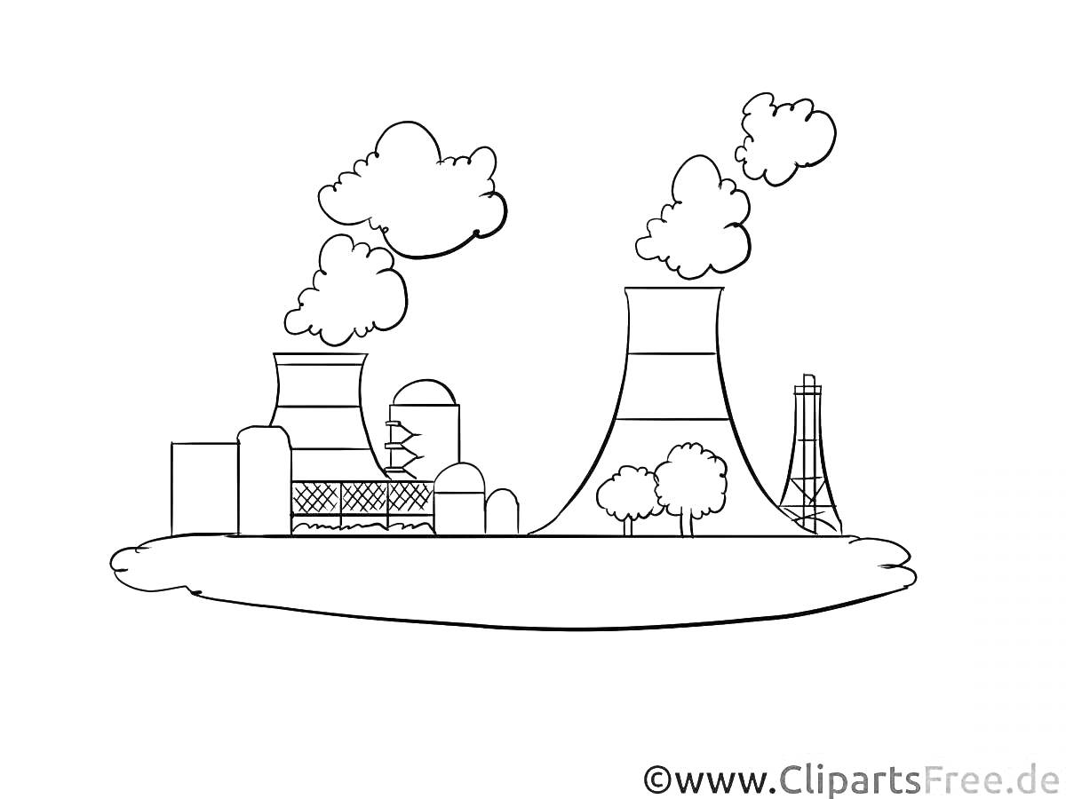 На раскраске изображено: Завод, Дымоходы, Башни, Деревья, Облака, Промышленность