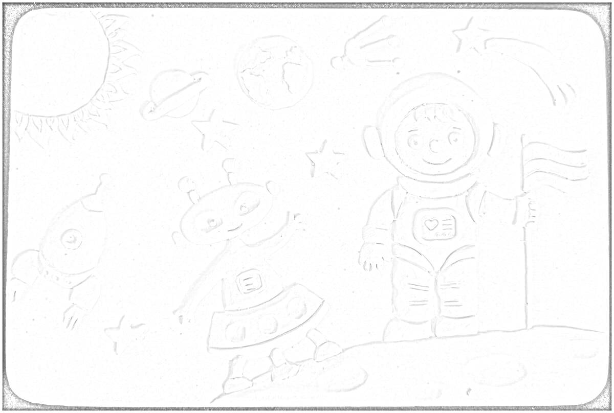 На раскраске изображено: Луна, Планеты, Звезды, Солнце, Космос