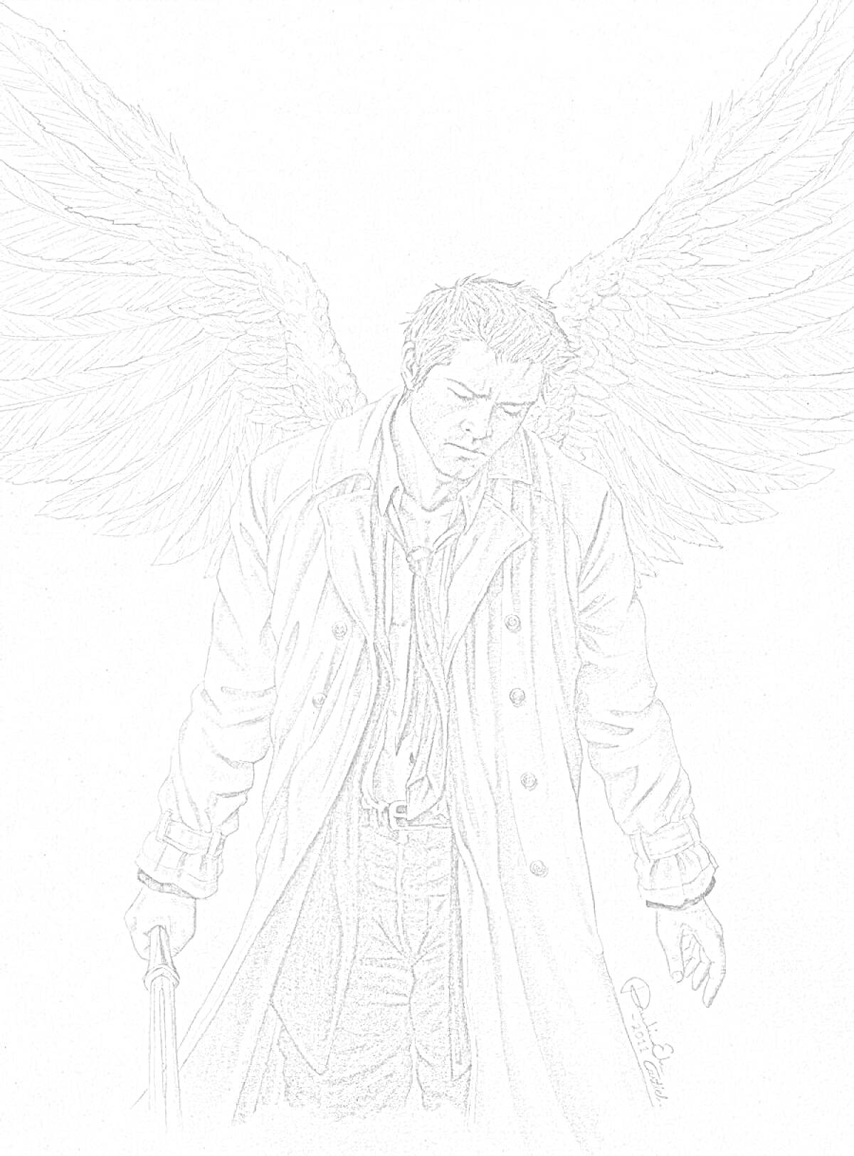 Раскраска Ангел с крыльями в плаще, грустный, руки опущены, рисунок карандашом