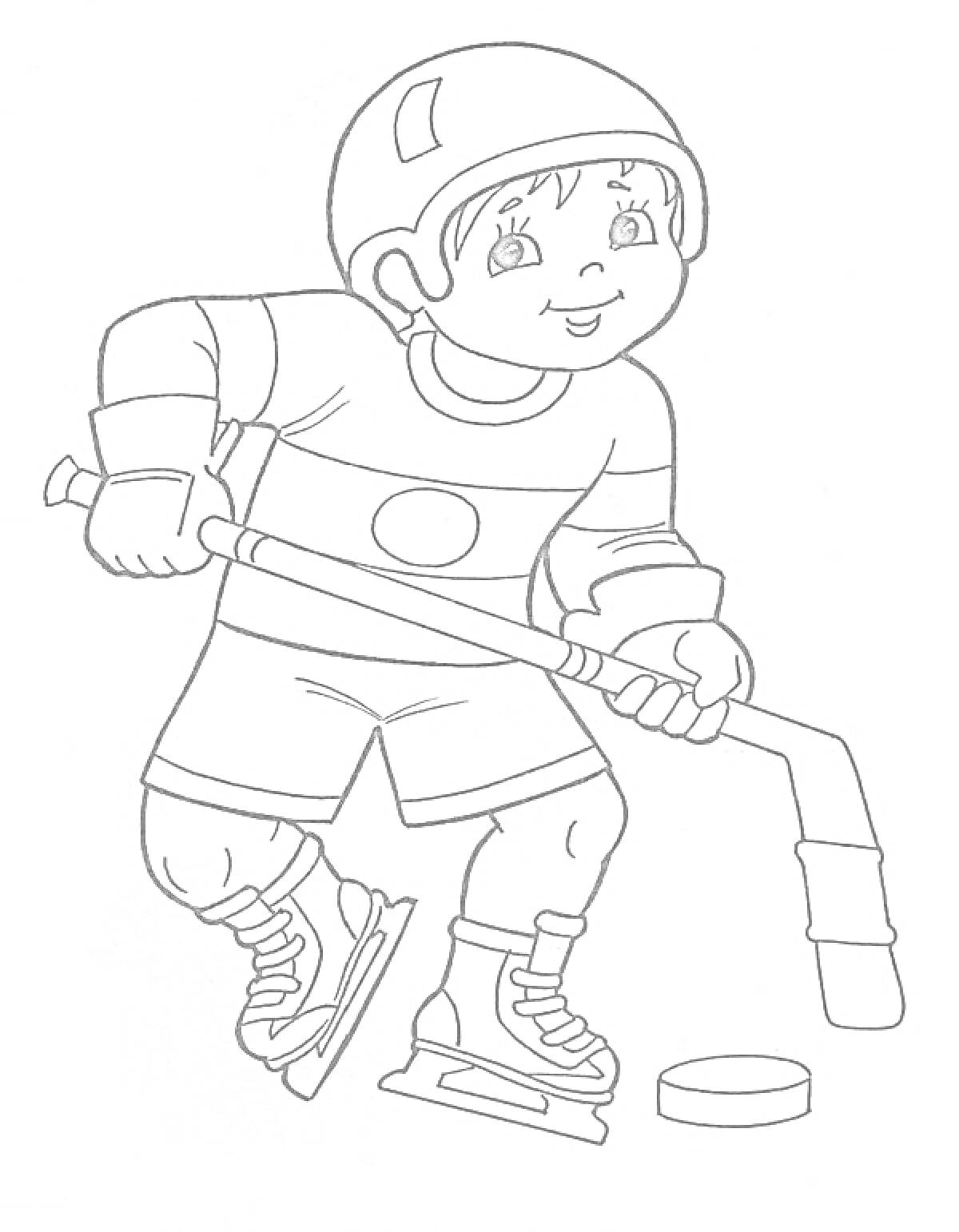 Мальчик в хоккейной форме с клюшкой и шайбой