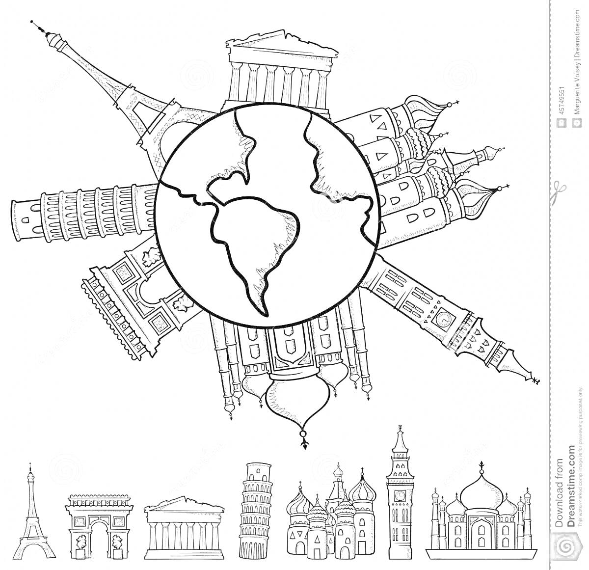 Раскраска Достопримечательности мира вокруг земного шара: Эйфелева башня, Колизей, Пантеон, Пизанская башня, Храм Василия Блаженного, Биг Бен, Тадж-Махал.