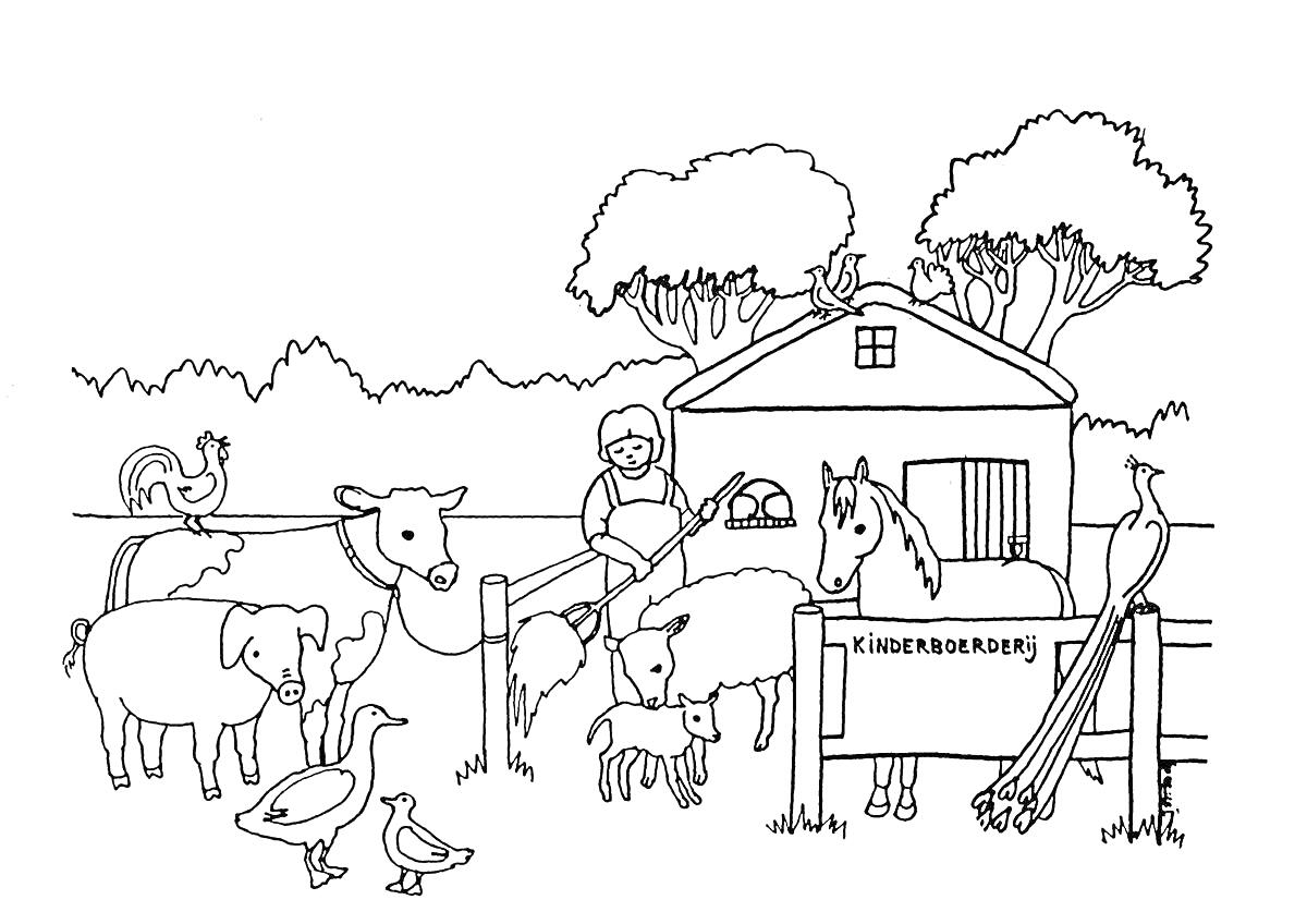 Раскраска Ферма с коровой, лошадью, овцой, козлёнком, гусем, утками, петухом, собакой и фермером возле хлева на фоне деревьев и ограды
