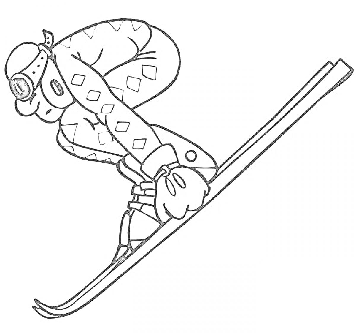 Раскраска Горнолыжный спуск, спортсмен в шлеме и защитных очках на лыжах в динамической позе