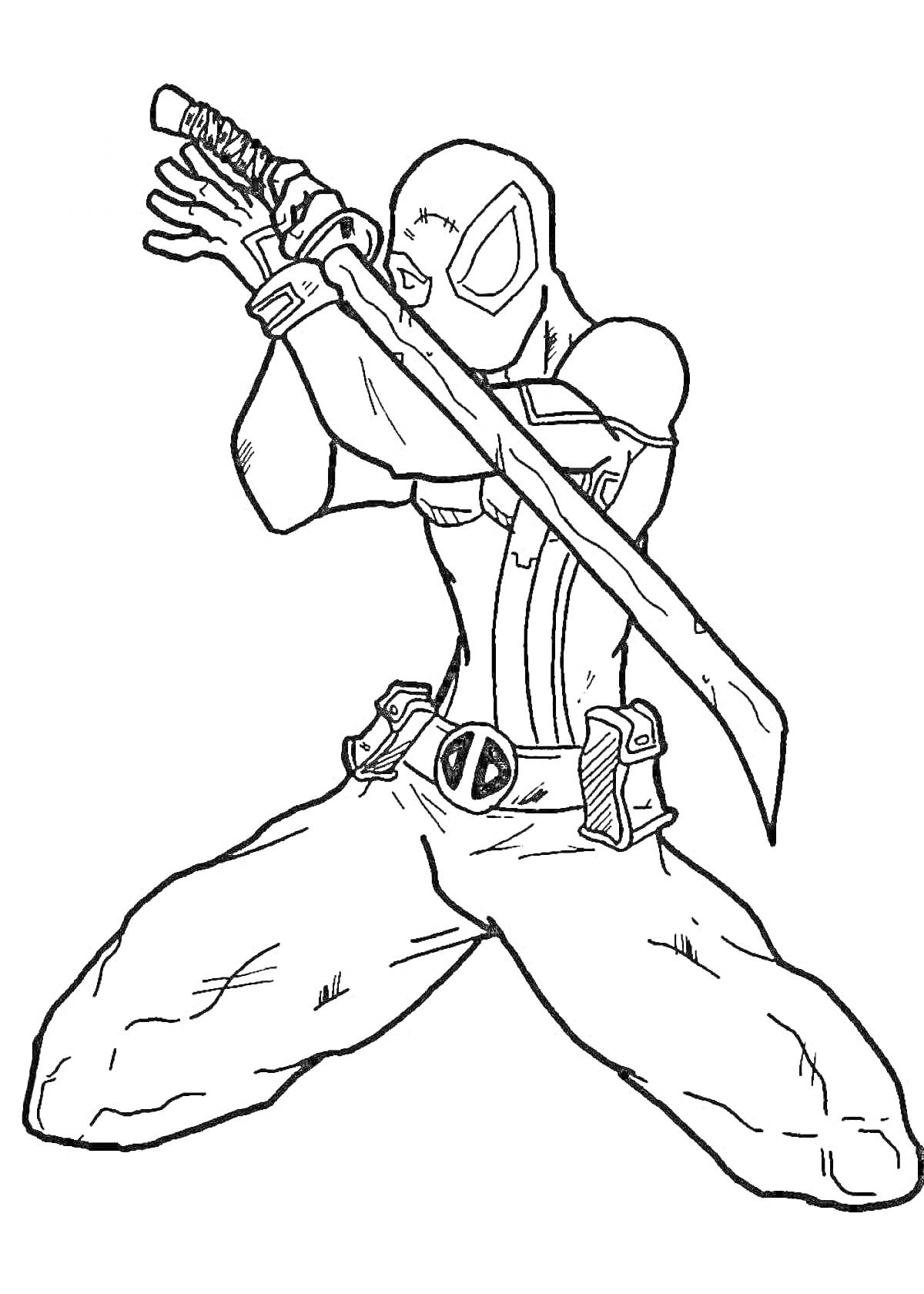 Раскраска Дэдпул с двуручным мечом, на коленях, в боевой стойке