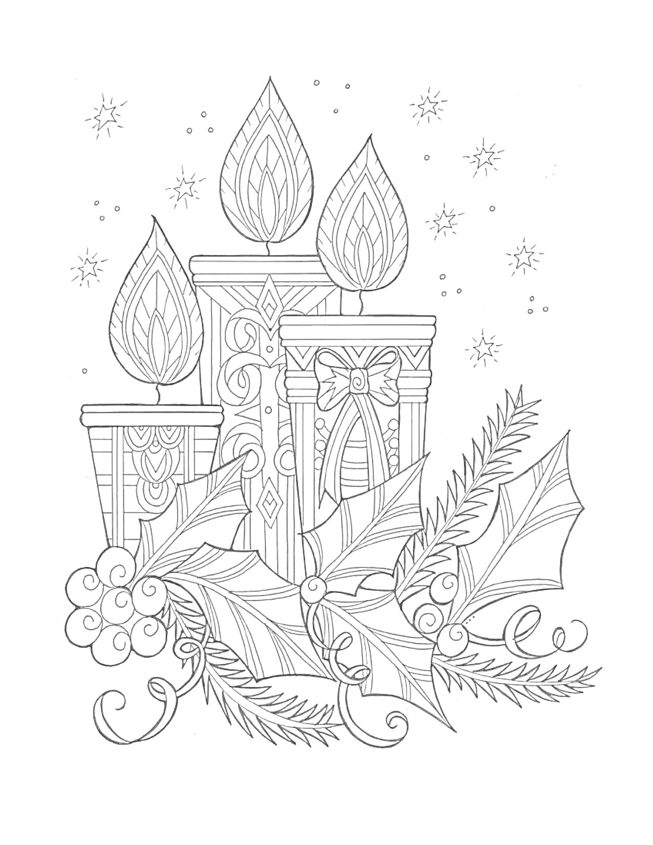 На раскраске изображено: Антистресс, Рождество, Свечи, Листья остролиста, Снежинки