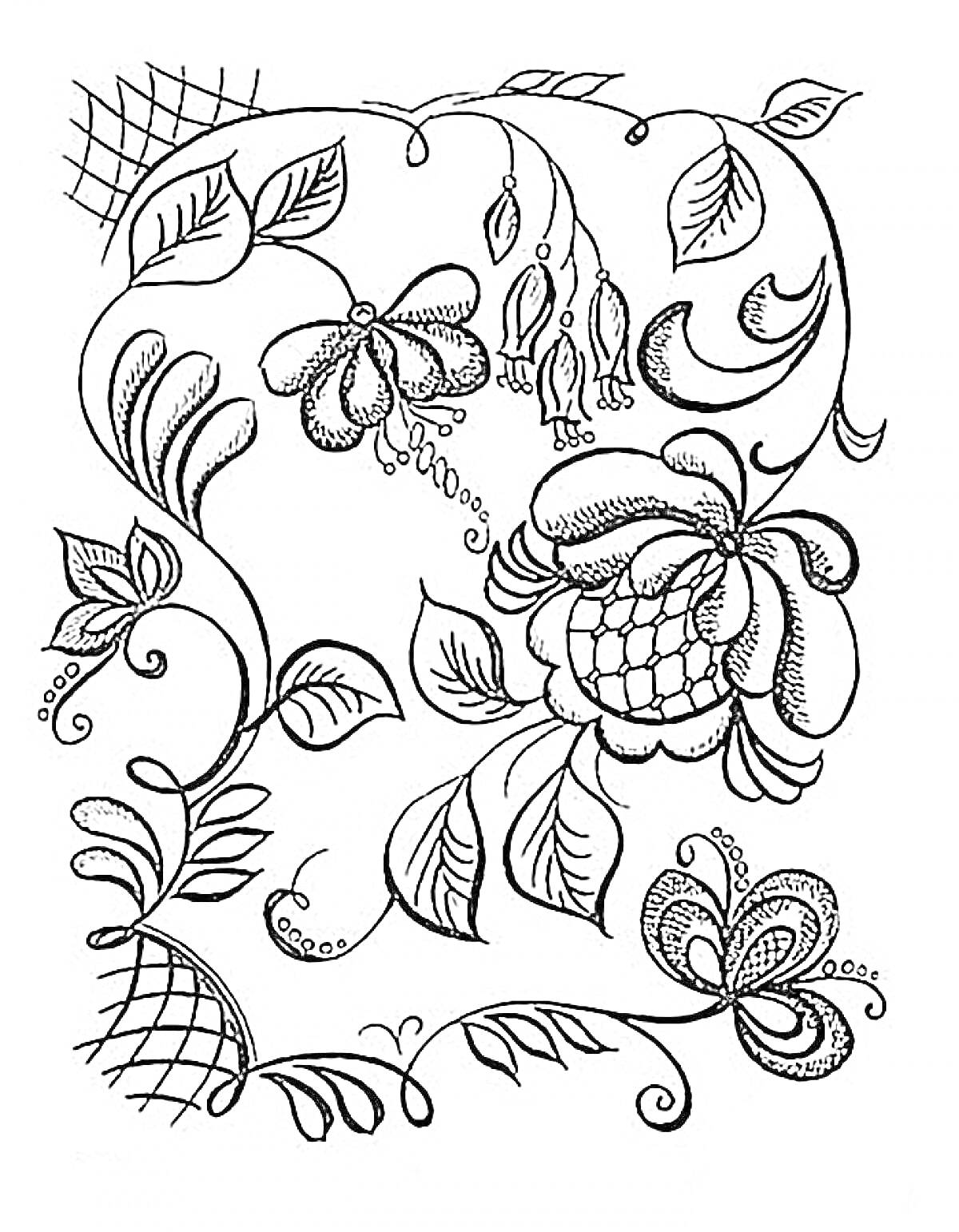 Раскраска Рисунок в стиле Гжель с цветами, листьями и завитками
