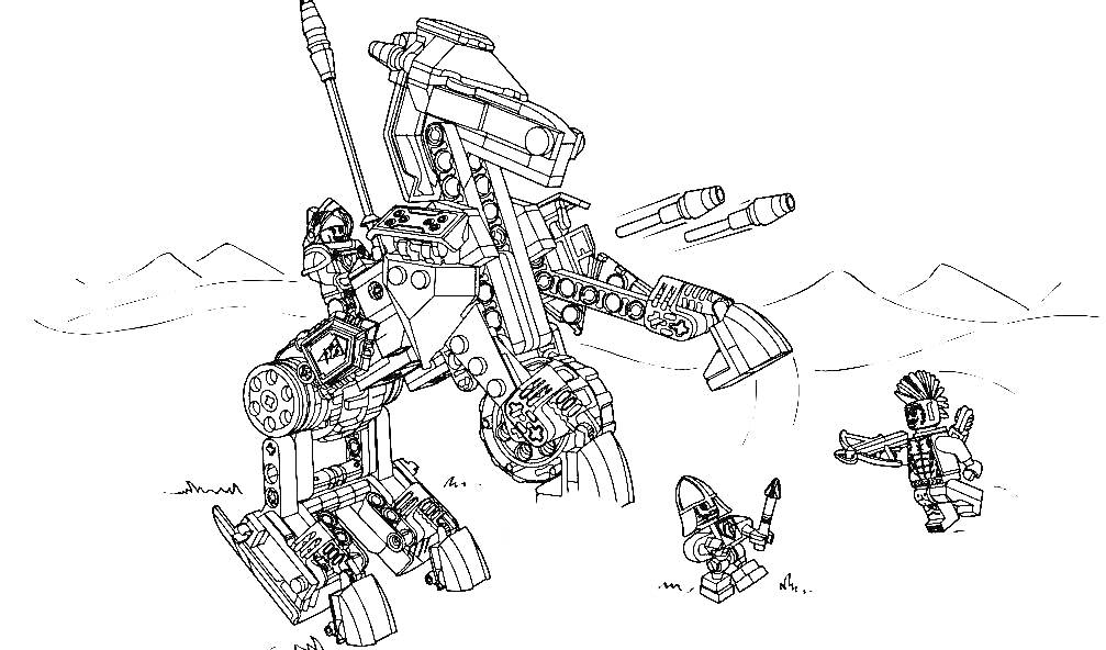 На раскраске изображено: Лего, Нексо Найтс, Оружие, Сражение, Враги, Конструктор, Робот, Рыцари