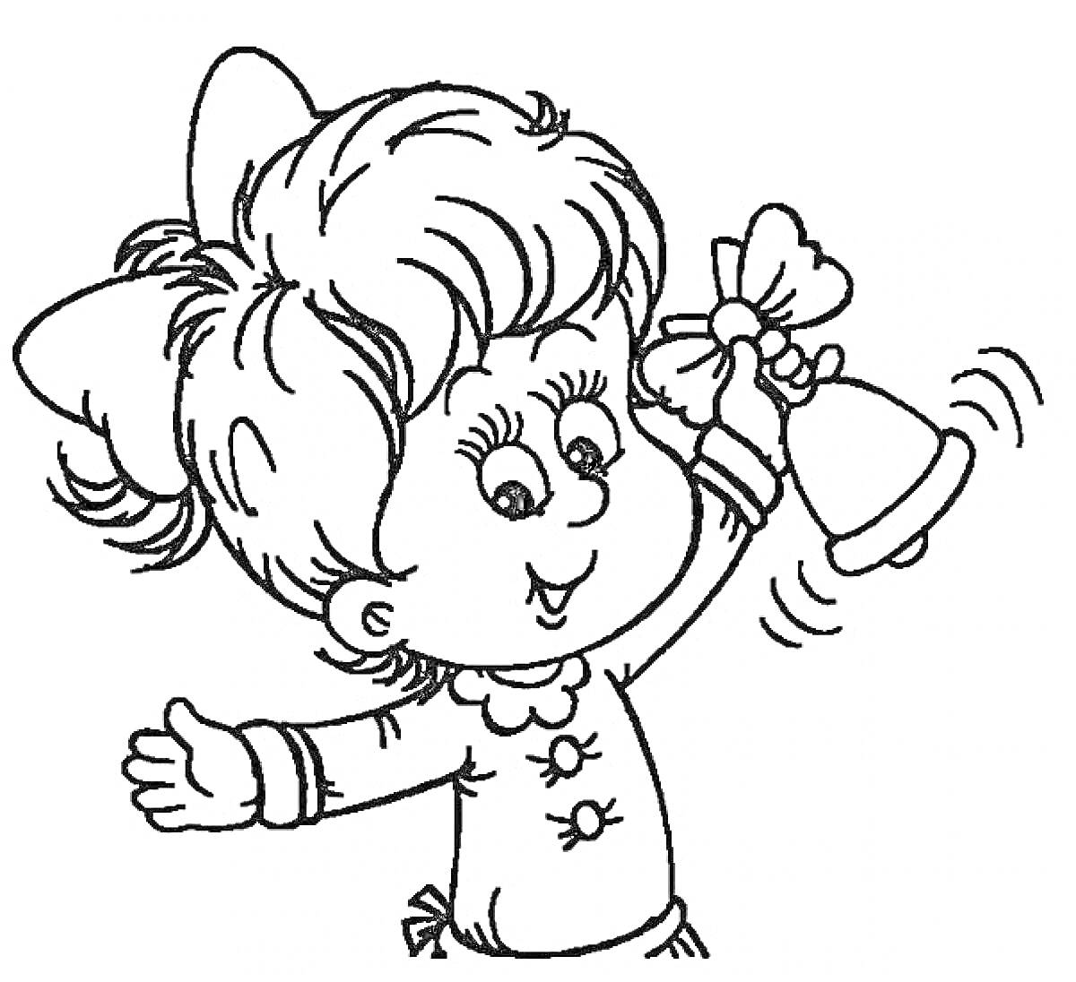 Раскраска Девочка с бантом в волосах и колокольчиком. 1 Сентября.