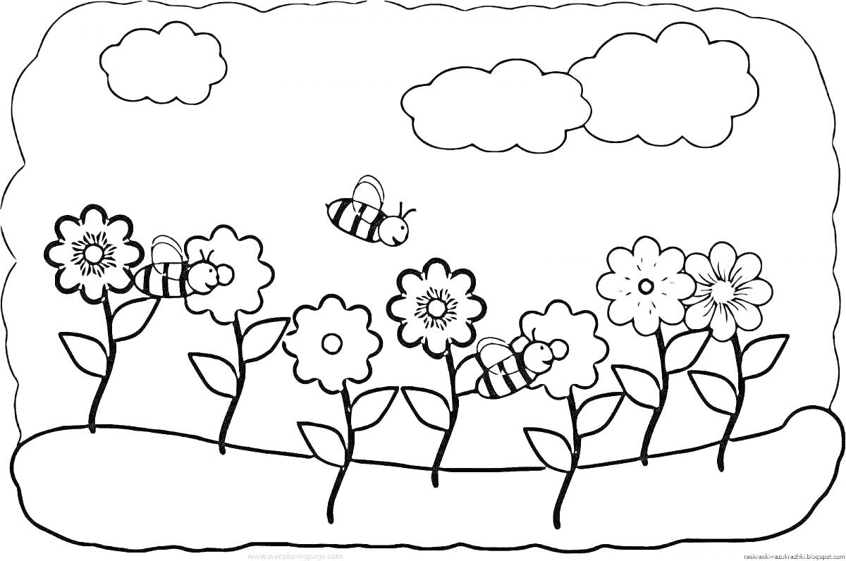 На раскраске изображено: Цветы, Пчелы, Облака, Природа, Для детей, Растения