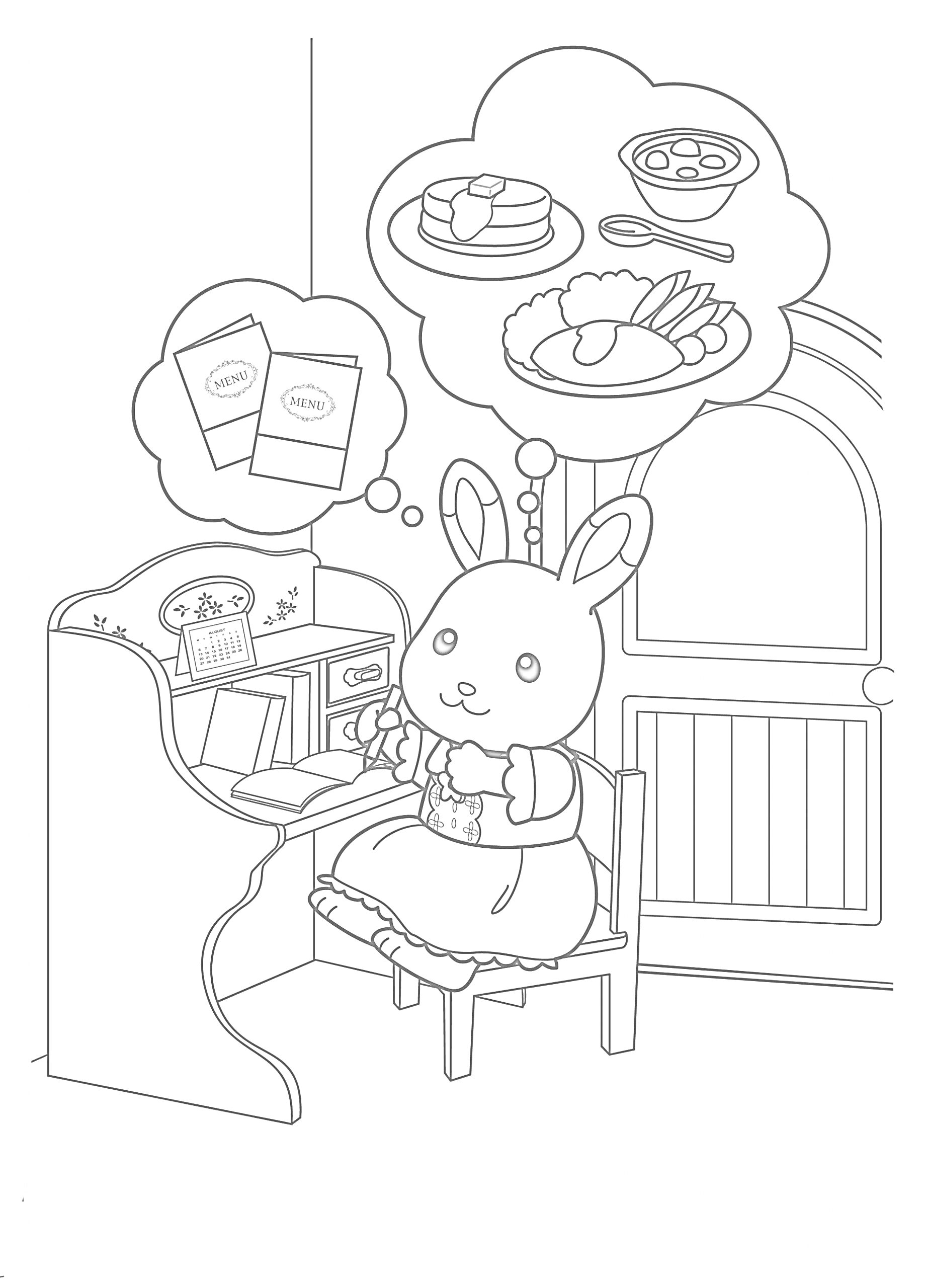 На раскраске изображено: Кролик, Кухня, Еда, Стол, Стул, Плита, Дверь, Продукты, Приготовление пищи