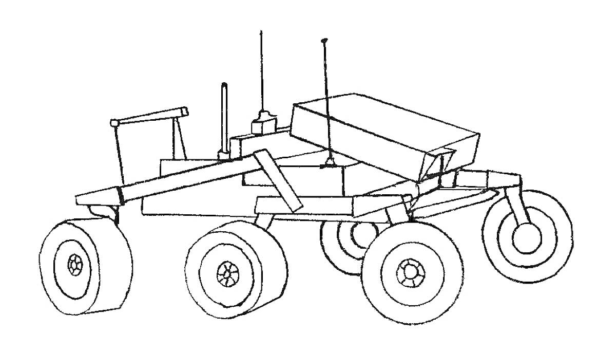 Раскраска Лунный вездеход с антеннами, шестью колесами и коробчатым корпусом
