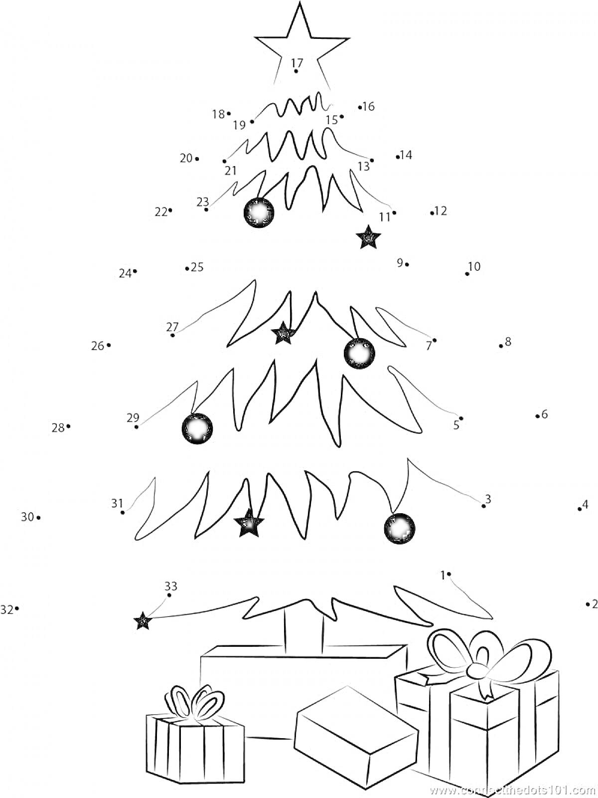Раскраска новогодняя ёлка с подарками, звездами и шарами
