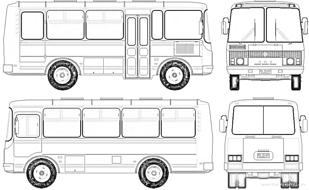 На раскраске изображено: Автобус, ПАЗ, Транспорт, Проекции, Обучение, Контурные рисунки