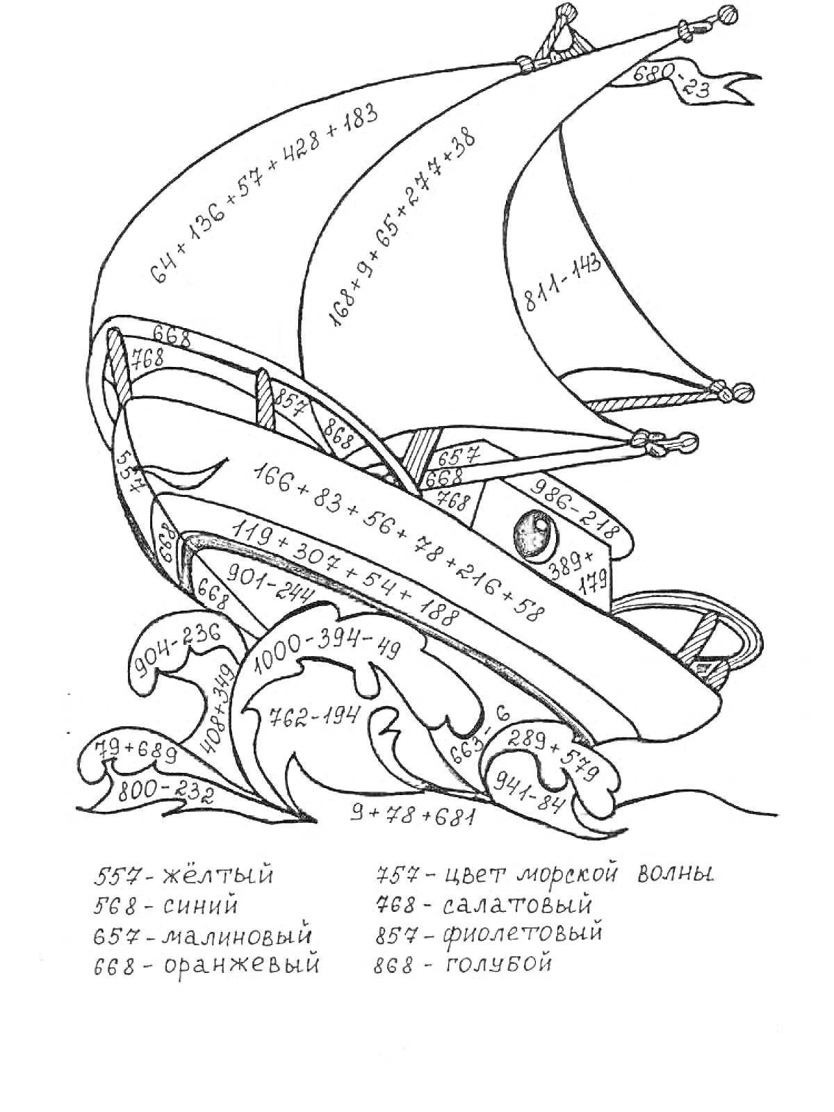 Раскраска Раскраска с примерами на сложение - корабль на морских волнах